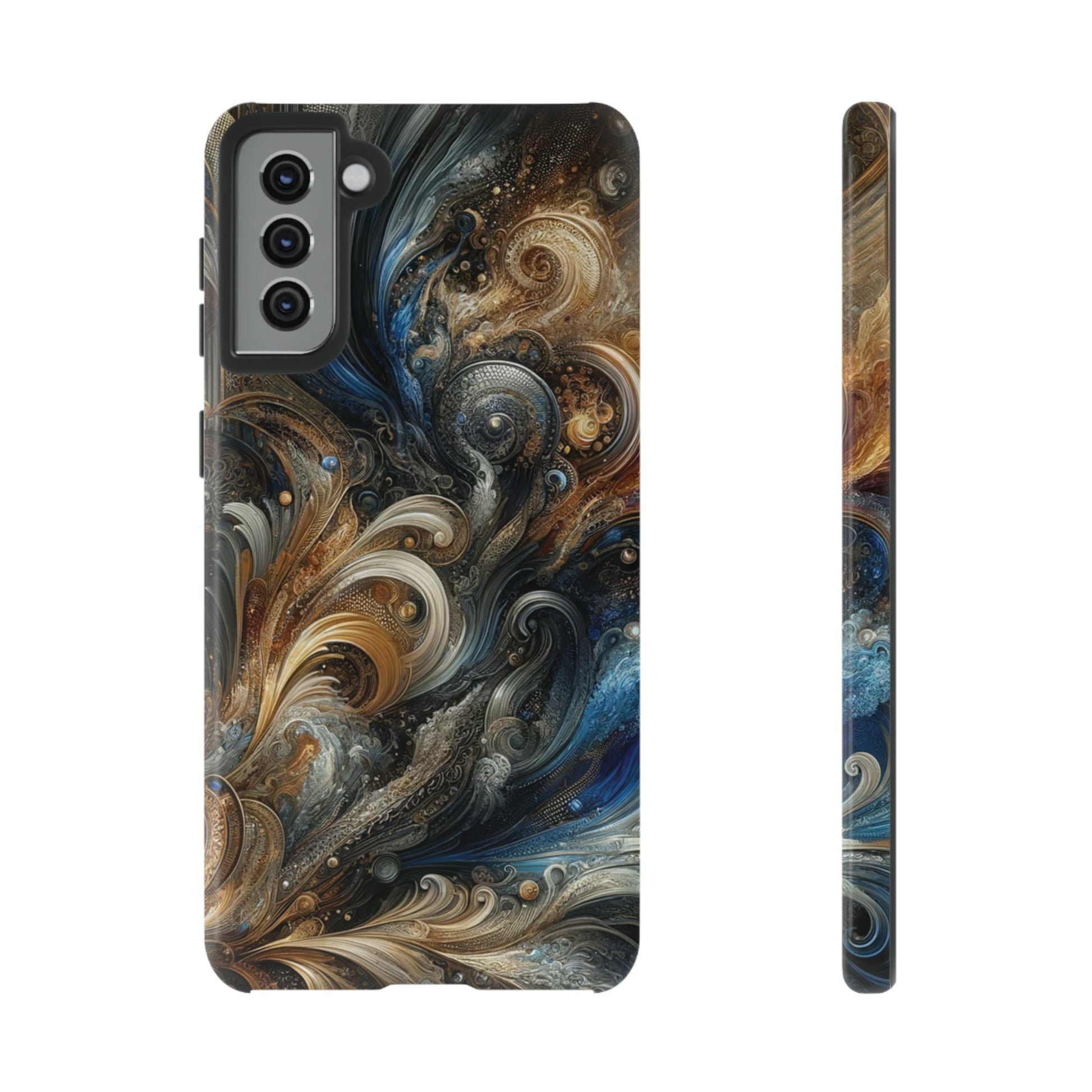 Gold and Navy Art Design Luxury Phone Tough Case Floral Elegant Durable Stylish for Modern Devices iPhone 15, Samsung iPhone Samsung Accessory Gift for Her.