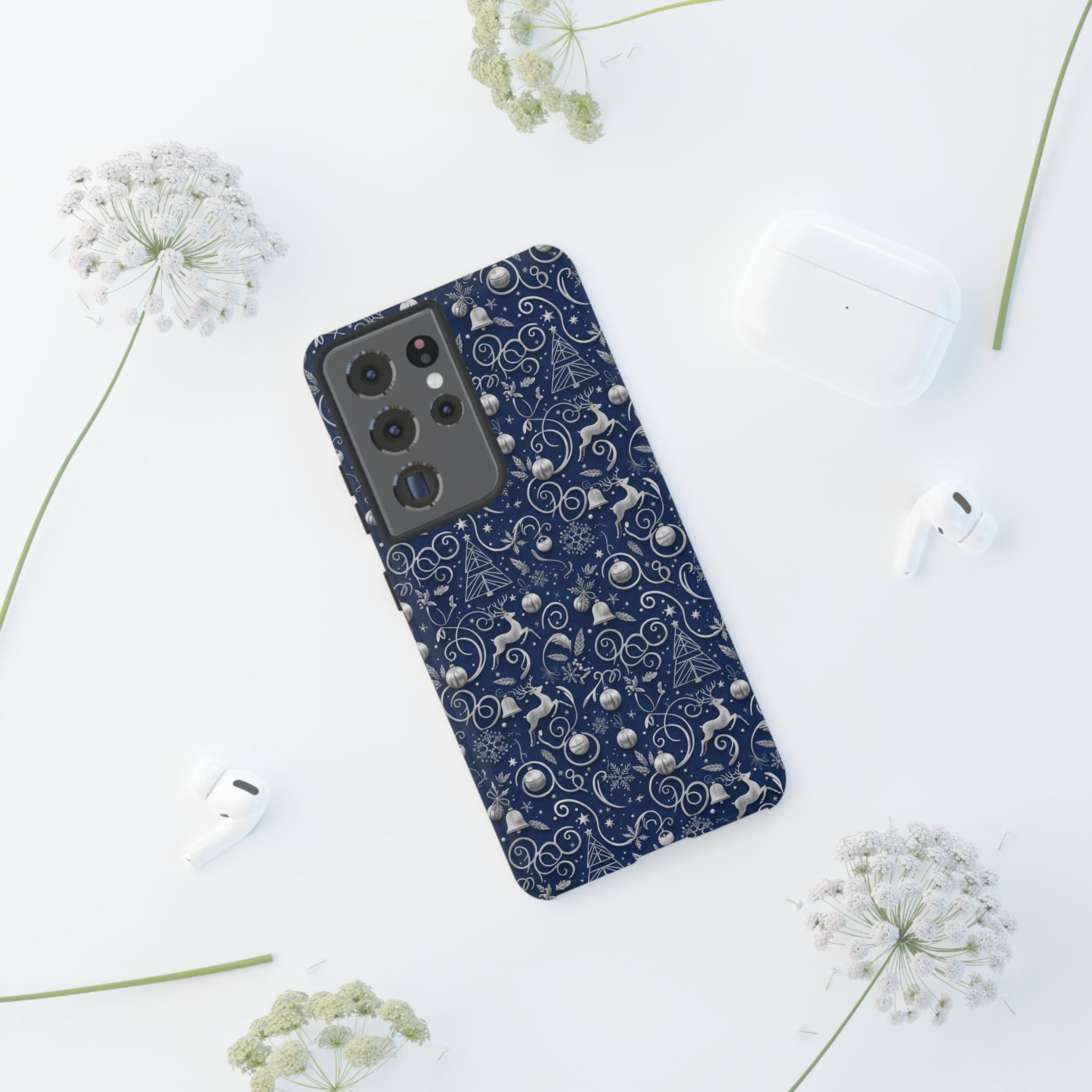 Coque Téléphone Noël Bleu & Argent – Motif Paillettes Festives pour iPhone 17, Tous iPhones & Galaxy | Cadeau MRSBYVALLE pour Elle