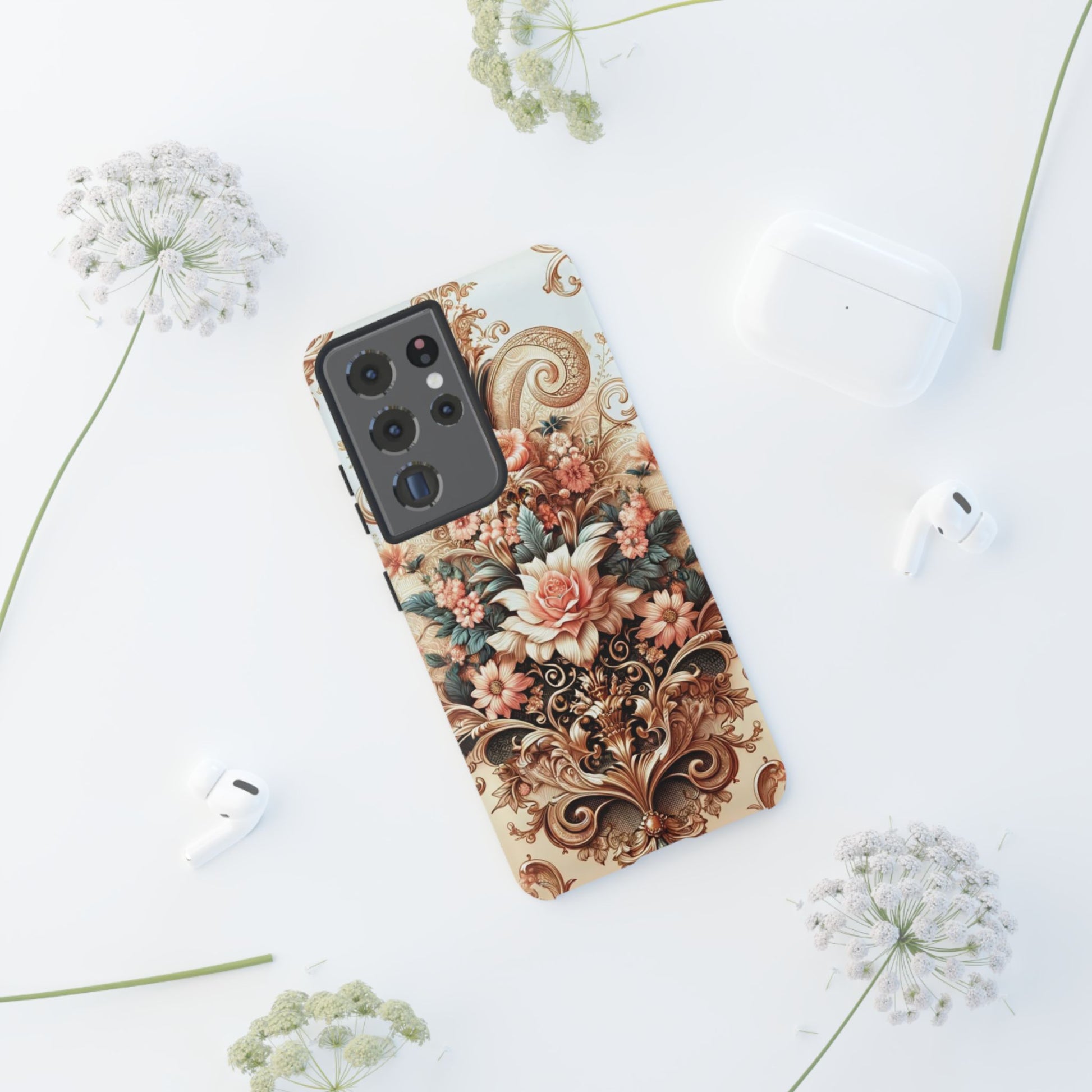 Gold Design Luxury Phone Tough Case Floral Elegant Durable Stylish for Modern Devices iPhone 17, 16, 15, Samsung iPhone Samsung Accessory Gift for Her