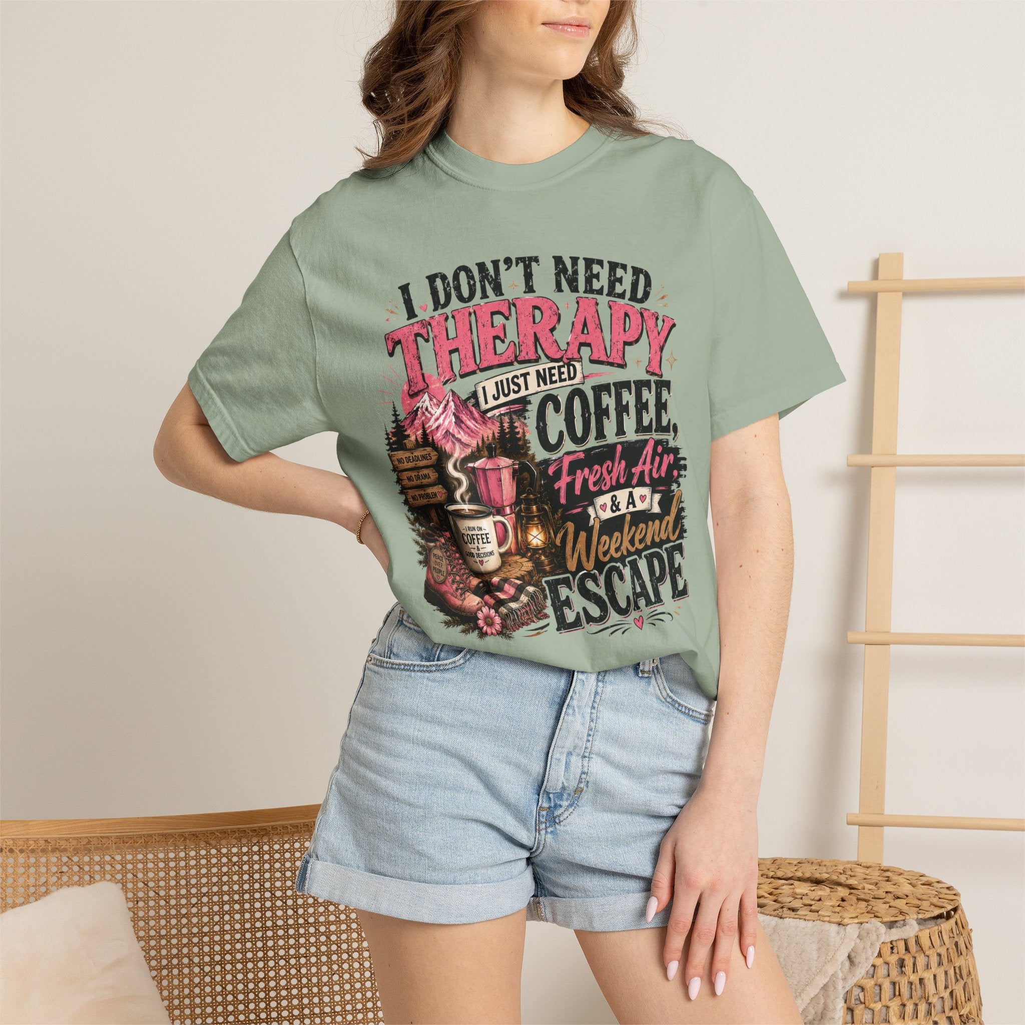T-Shirt — “I Don’t Need Therapy, I Just Need Coffee, Fresh Air & A Weekend Escape” Vintage Coffee & Outdoors Tee
