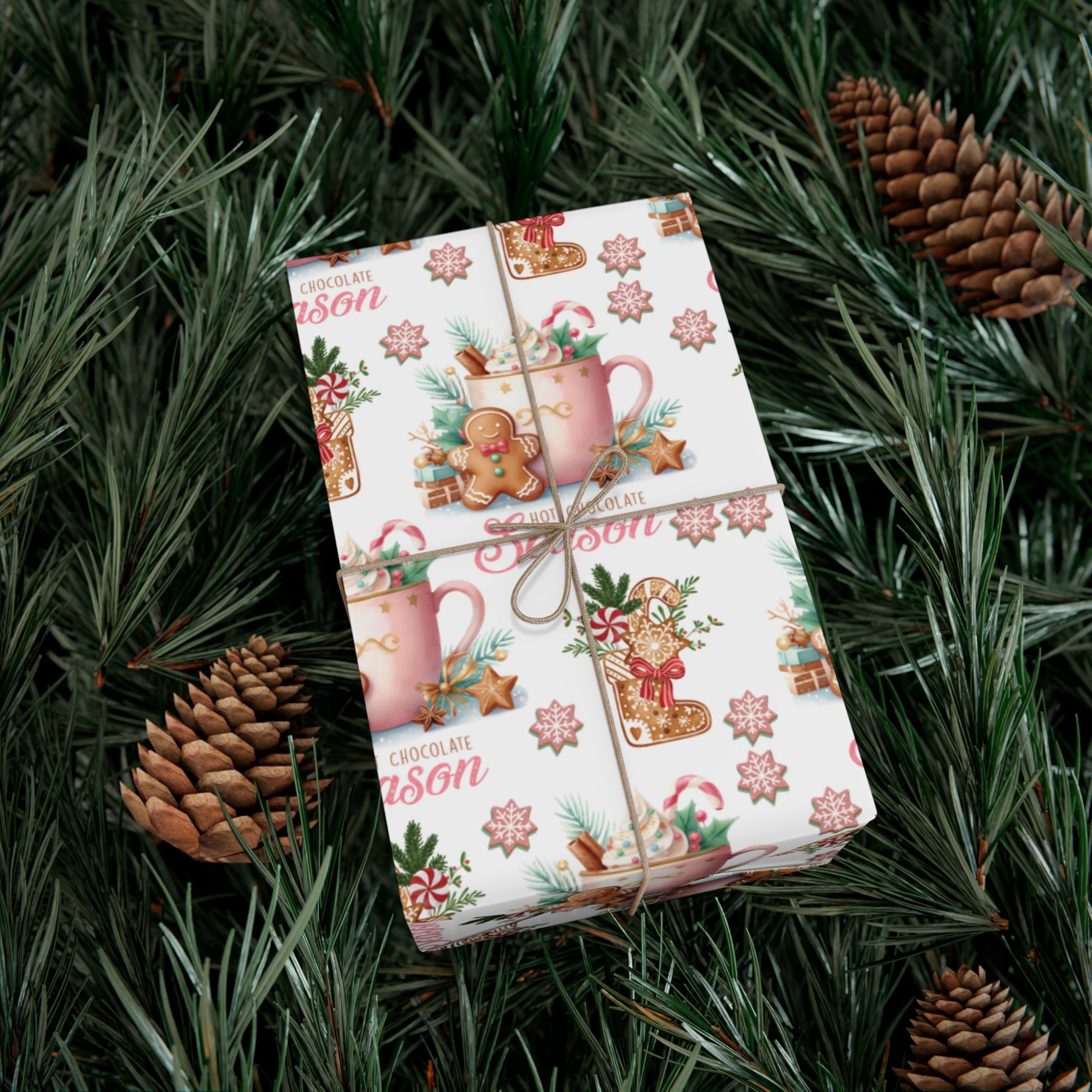 Enchanting Gingerbread with Hot Chocolate Season Pink Wrapping Paper | Festive & Cozy Holiday Gift Wrap | Perfect for Christmas Presents, Seasonal Celebrations, and Winter Wonderland Themes Christmas - MRSBYVALLE