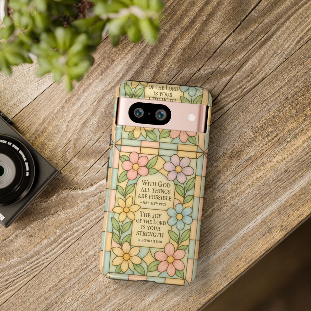 Pastel Stained Glass Bible Verse Phone Case Christian Affirmation Cover, Soft Geometric Design, iPhone Samsung Google, Faith Gift for Her Bible Verse or Affirmation | Protective, Inspirational Gift for Christians