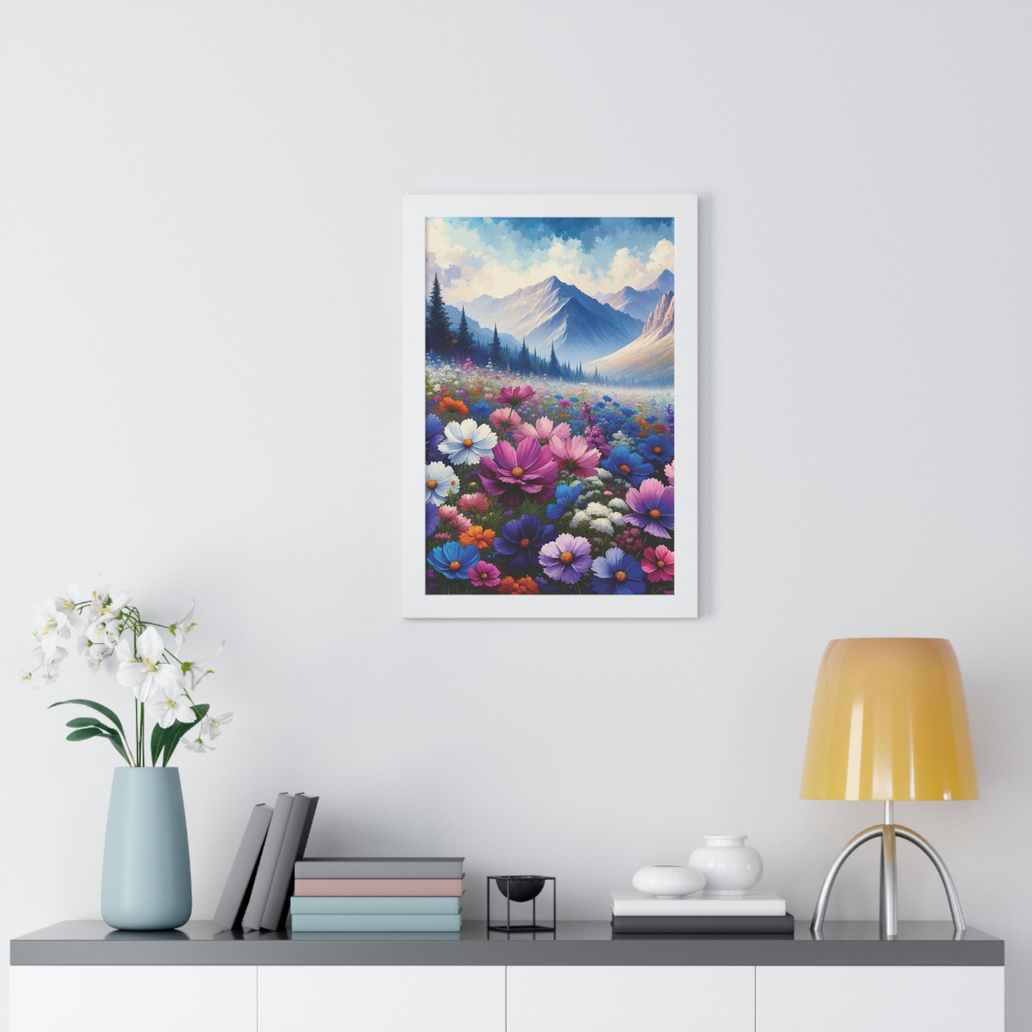 Wall Art Beautiful Wildflowers and Mountains Wildflower Art Watercolor Floral Framed Canvas Print Wall Art  Classic Encased in Black, White, or Walnut Frames with Durable Acrylic Protection Ready to Hang  Timelessly Crafted..