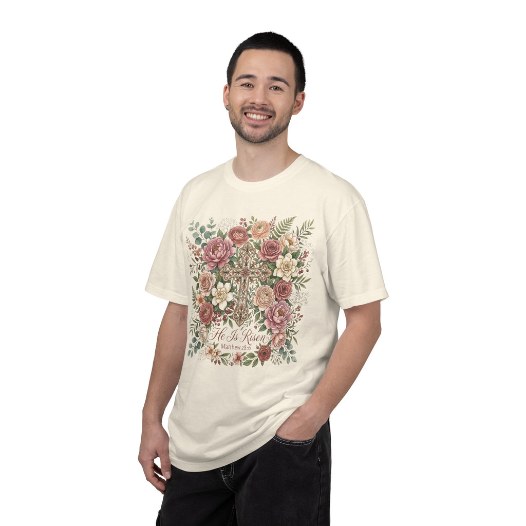 He Is Risen Floral Cross T-Shirt Christian Gift