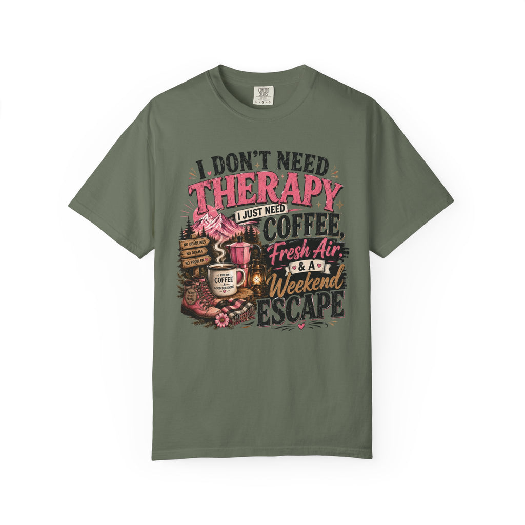 T-Shirt — “I Don’t Need Therapy, I Just Need Coffee, Fresh Air & A Weekend Escape” Vintage Coffee & Outdoors Tee