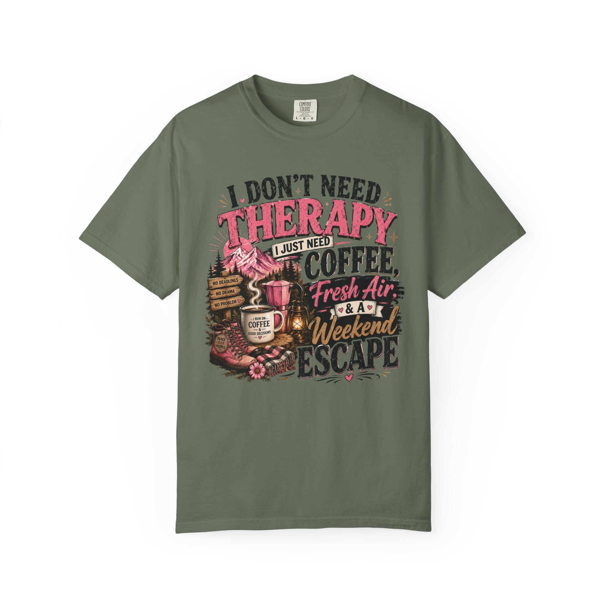 T-Shirt — “I Don’t Need Therapy, I Just Need Coffee, Fresh Air & A Weekend Escape” Vintage Coffee & Outdoors Tee