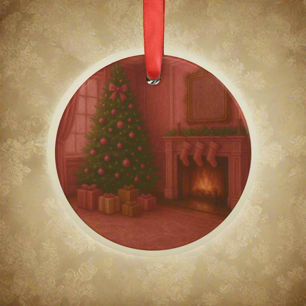 Pink Christmas Vintage Ornament Elegant Tree with Gifts Design, Glossy Finish, Acrylic 2.90x2.90 in, Includes Red Ribbon for Hanging Tree Accent Gift for Family