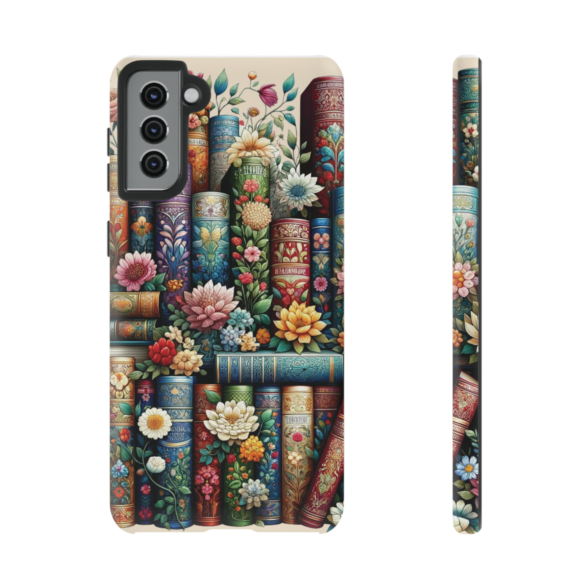 Books and Floral Boho Luxury Phone Tough Case Floral Elegant Durable Stylish for Modern Devices iPhone 15, Samsung iPhone Samsung Accessory Gift for Her.