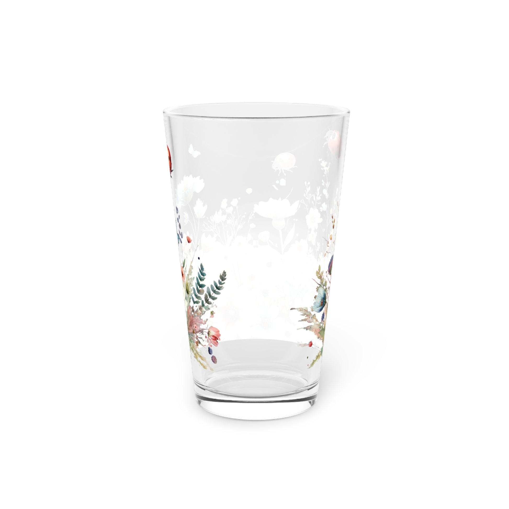 Watercolor Lady Bugs and Floral 16oz Pint Glass Delicate Blooms for Refreshing Sips Art Gifts, Party Drinkware, Cocktail Glass Housewarming Perfect Gift Party Drinkware, Cocktail, Wedding Perfect for Parties Glassware, New House Gift.