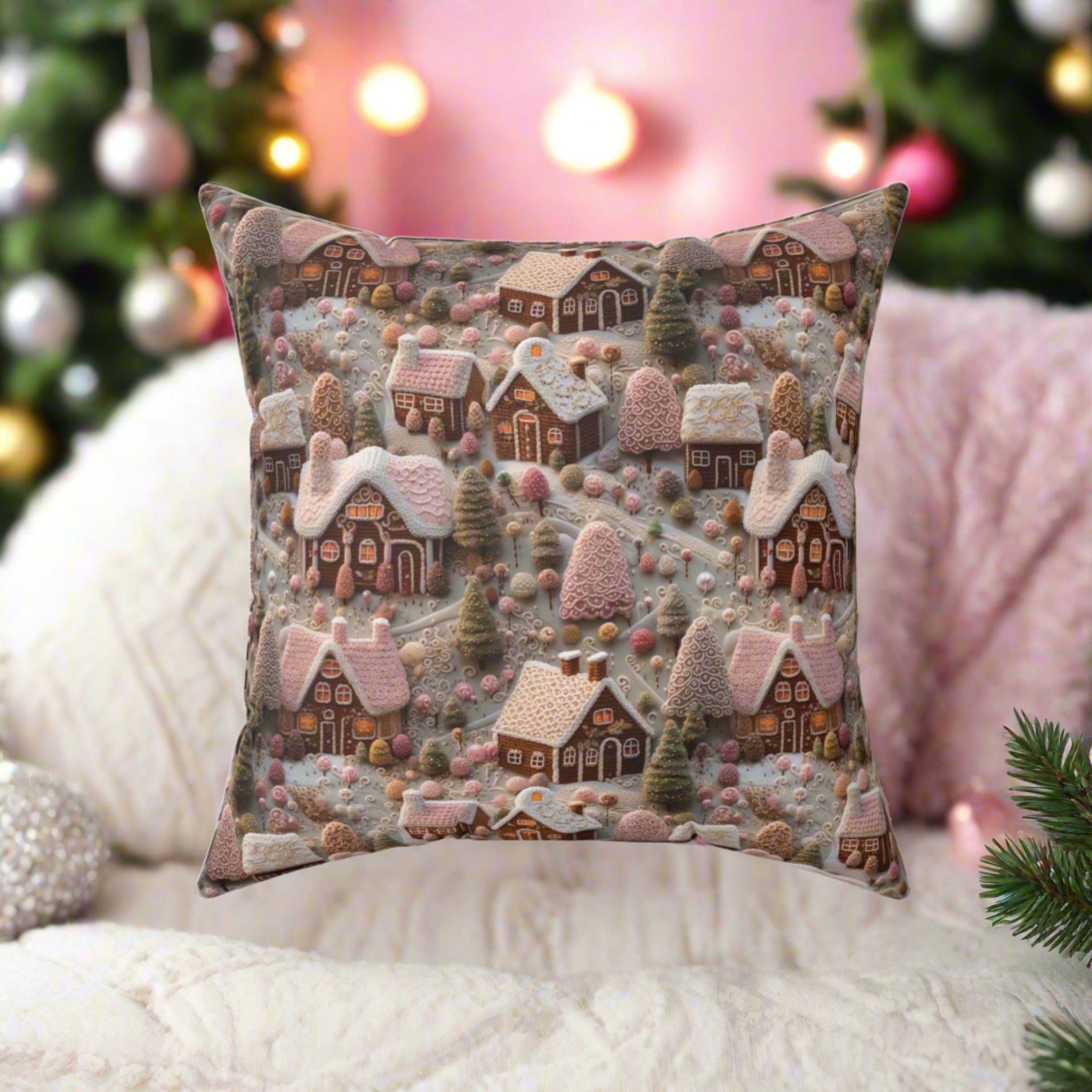 Gingerbread House Square Pillow Elegant Holiday Decor Perfect for all Seasonal Decorations Perfect Accent for Living Rooms, Bedrooms, Soft, Durable, Pillow Gift New House, Bridal Shower Gift - MRSBYVALLE