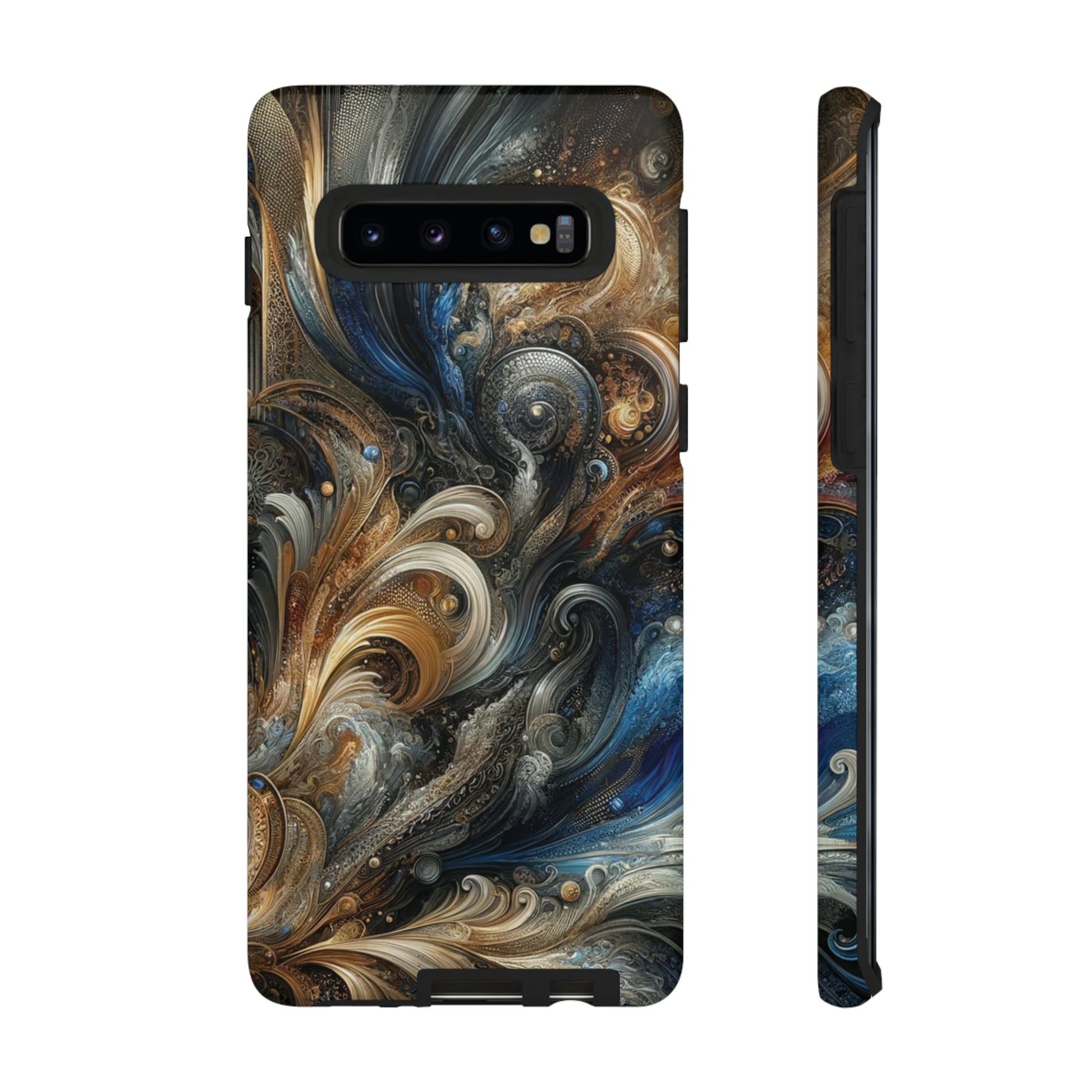 Gold and Navy Art Design Luxury Phone Tough Case Floral Elegant Durable Stylish for Modern Devices iPhone 15, Samsung iPhone Samsung Accessory Gift for Her.