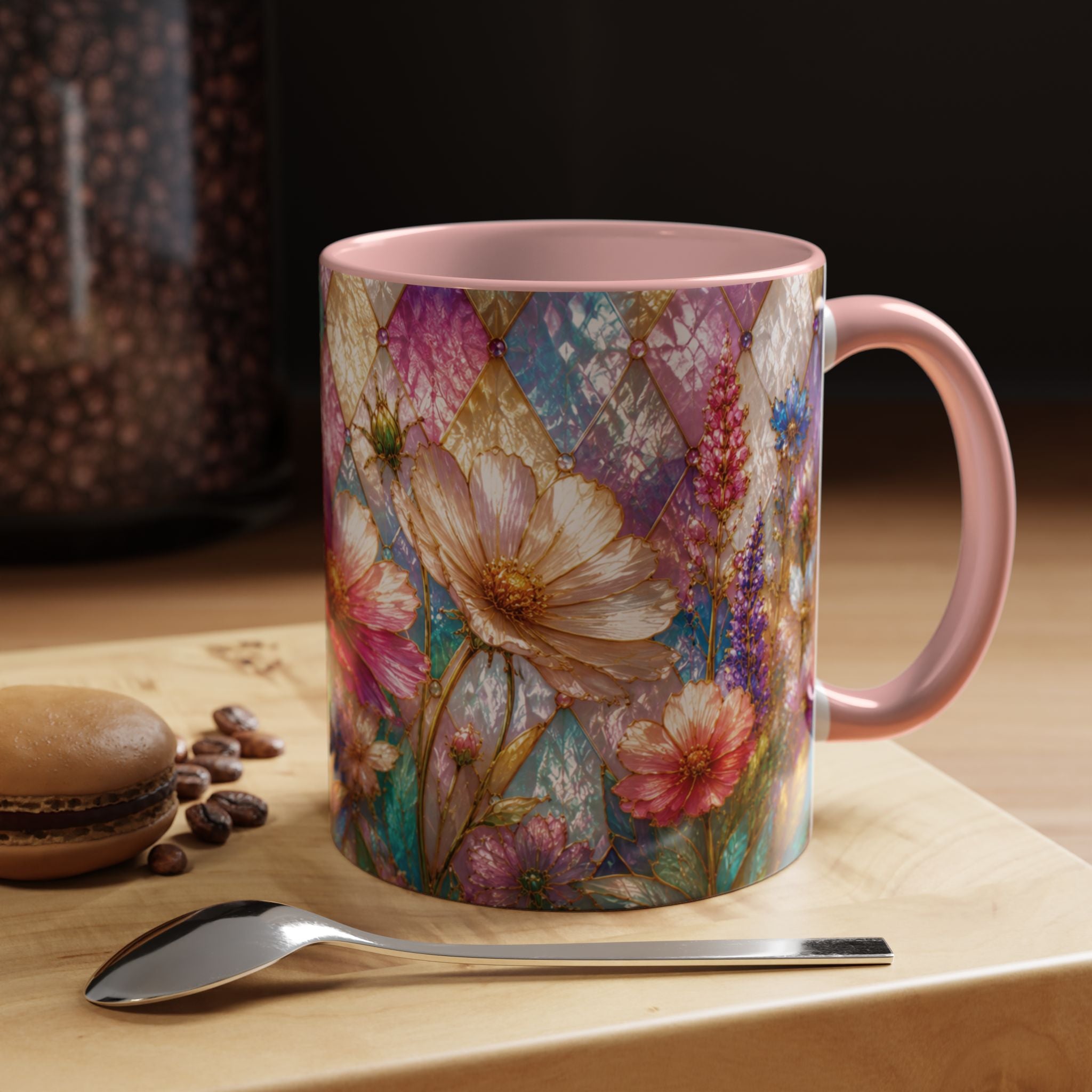 Floral Mosaic Accent Coffee Mug — Colorful Garden Flowers 11/15oz Stain Glass Illusion