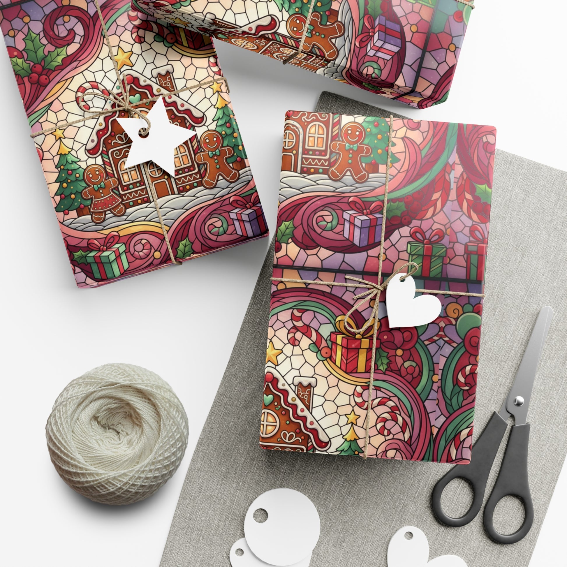 Stained Glass Gift Wrap Papers, Gingerbread House and Family Design - Wrapping Sheets, Festive Holiday Craft Supplies, Christmas Decoration