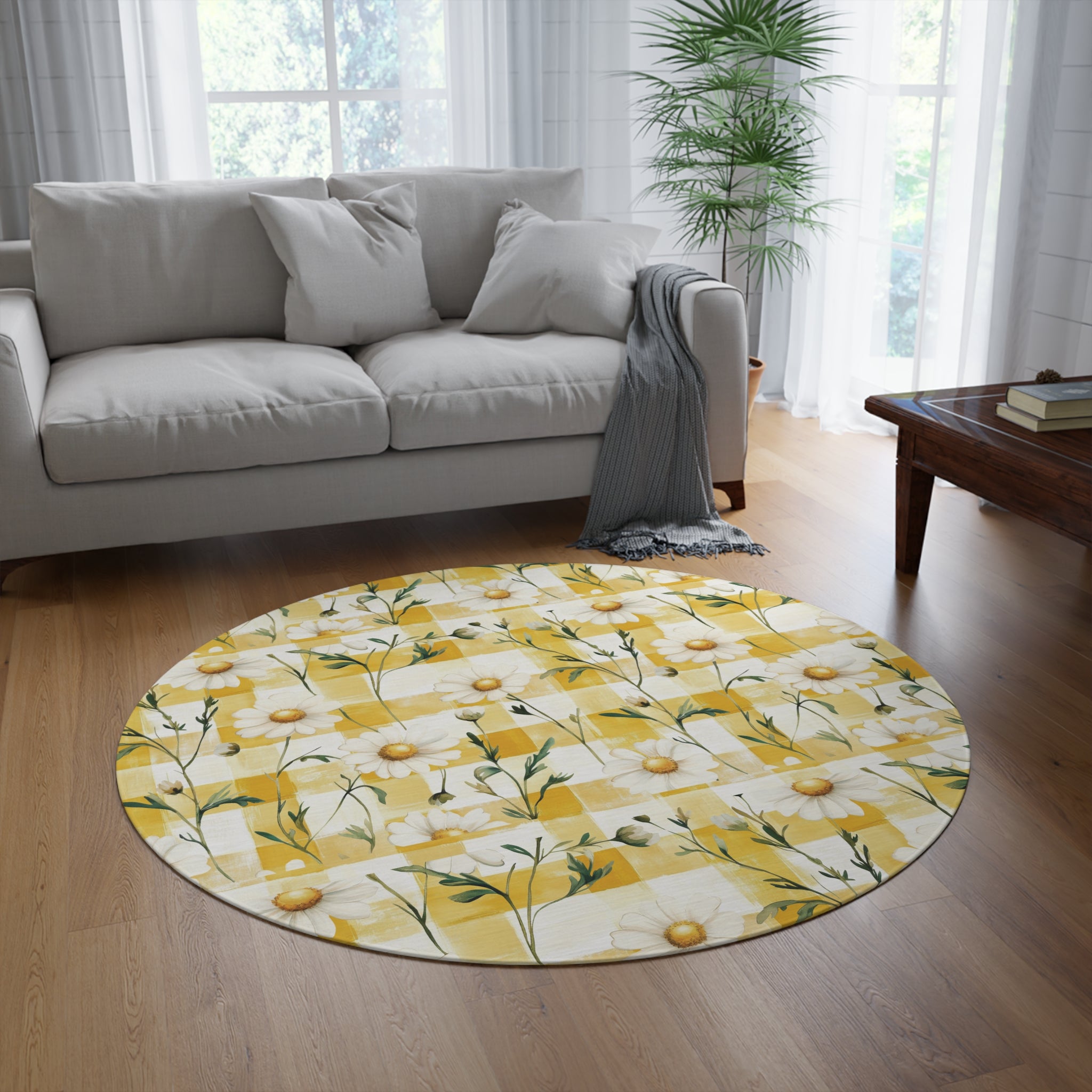 Pastel Yellow Daisy Checker Round Rug — Spring Floral Accent Mat