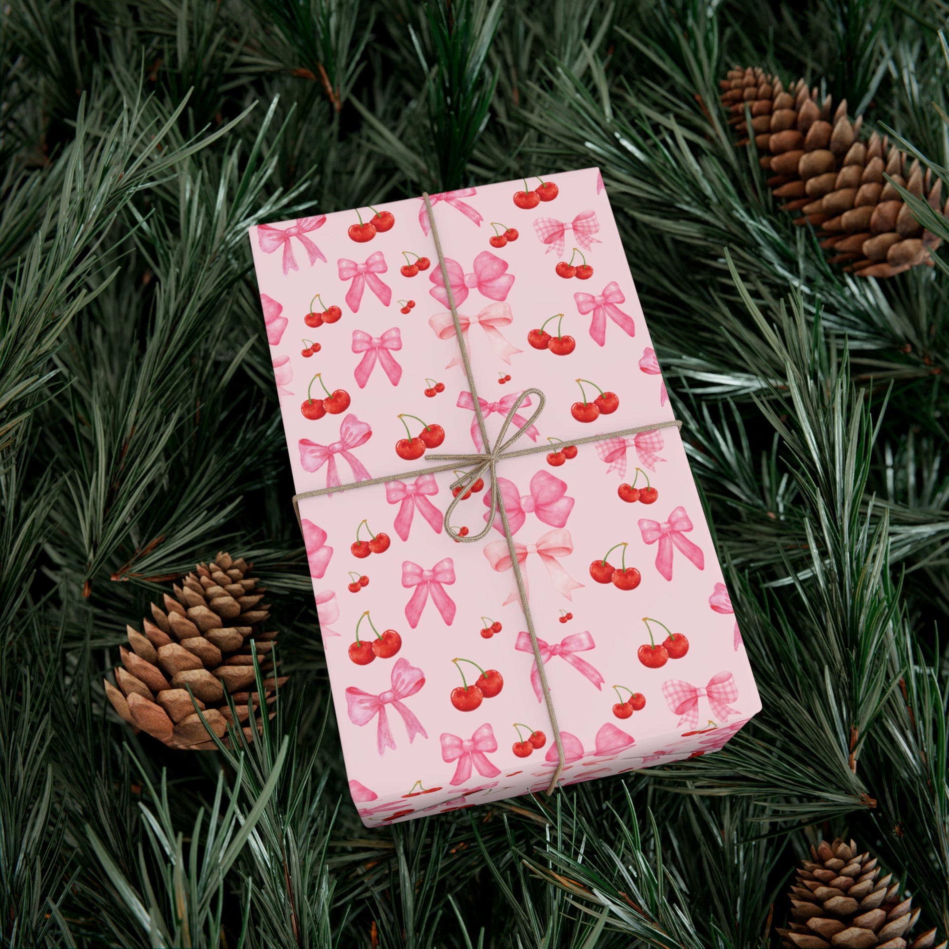 Pink Chic Coquette Wrapping Paper Pink Bows Cherries Elegance Perfect for Gifts Weddings, Bridal Baby Showers All Occasion.