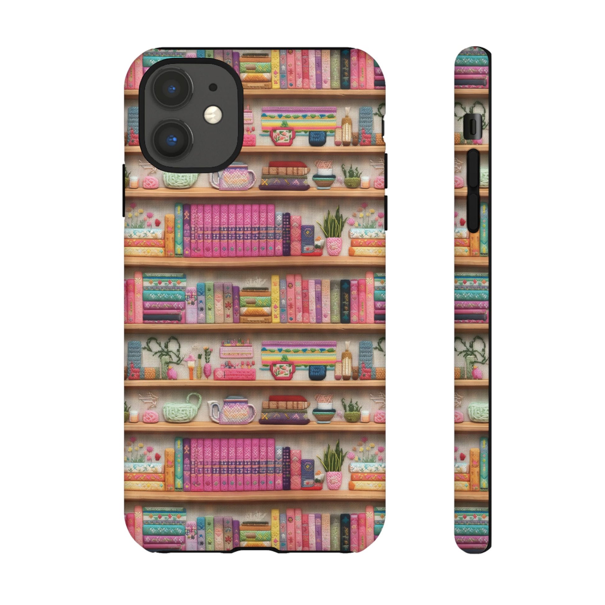 Whimsical 3D Embroidery Illusion Books on Pastel Shelves Phone Case for iPhone, Samsung & Pixel: Unique Accessory for Literary Enthusiasts Gift for Her Perfect for Floral Lover