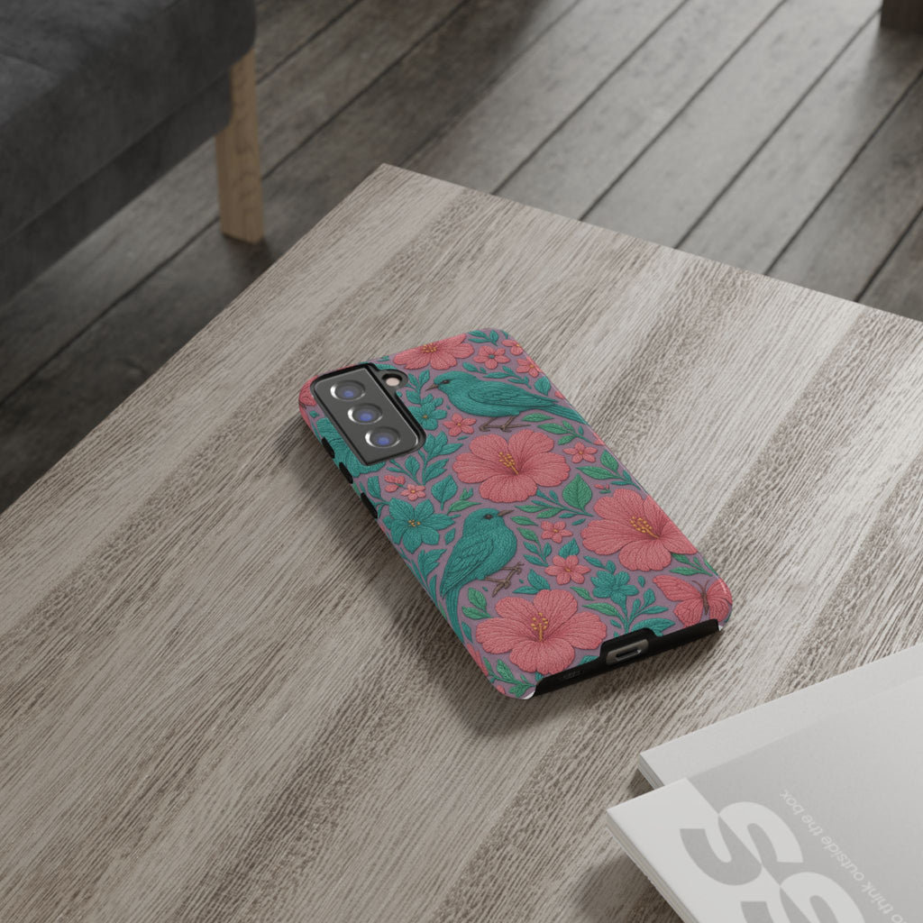 Turquoise, Pink and Lavender 3D Embroidery Illusion Phone Case Tropical Flowers, Birds & Butterflies Cover with Bold, Realistic Floral Texture iPhone, Samsung