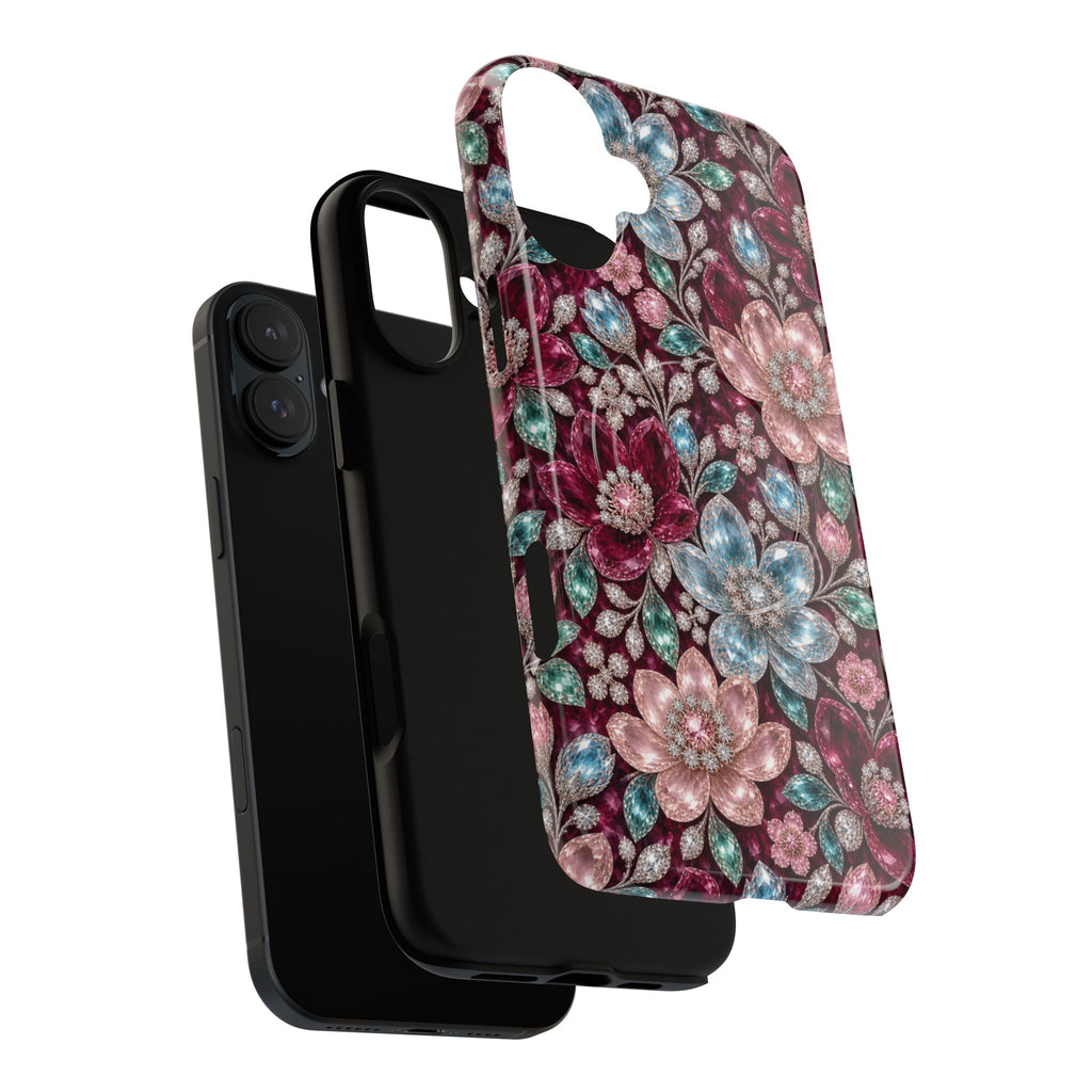 Floral faux Jewel Phone Case Sparkling Burgundy Flower Tough Magnetic Case 18 iPhone