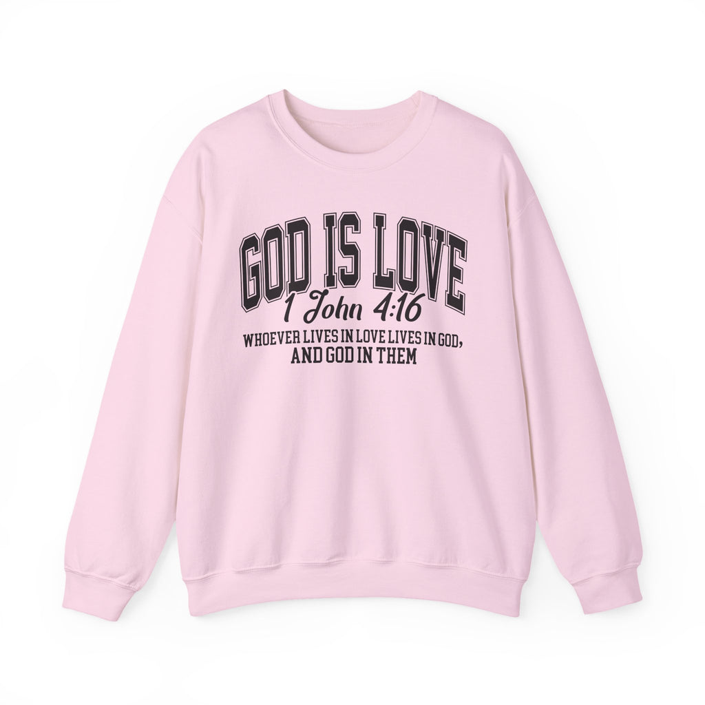 Pink sweatshirt with 'God is Love' text on a white background
