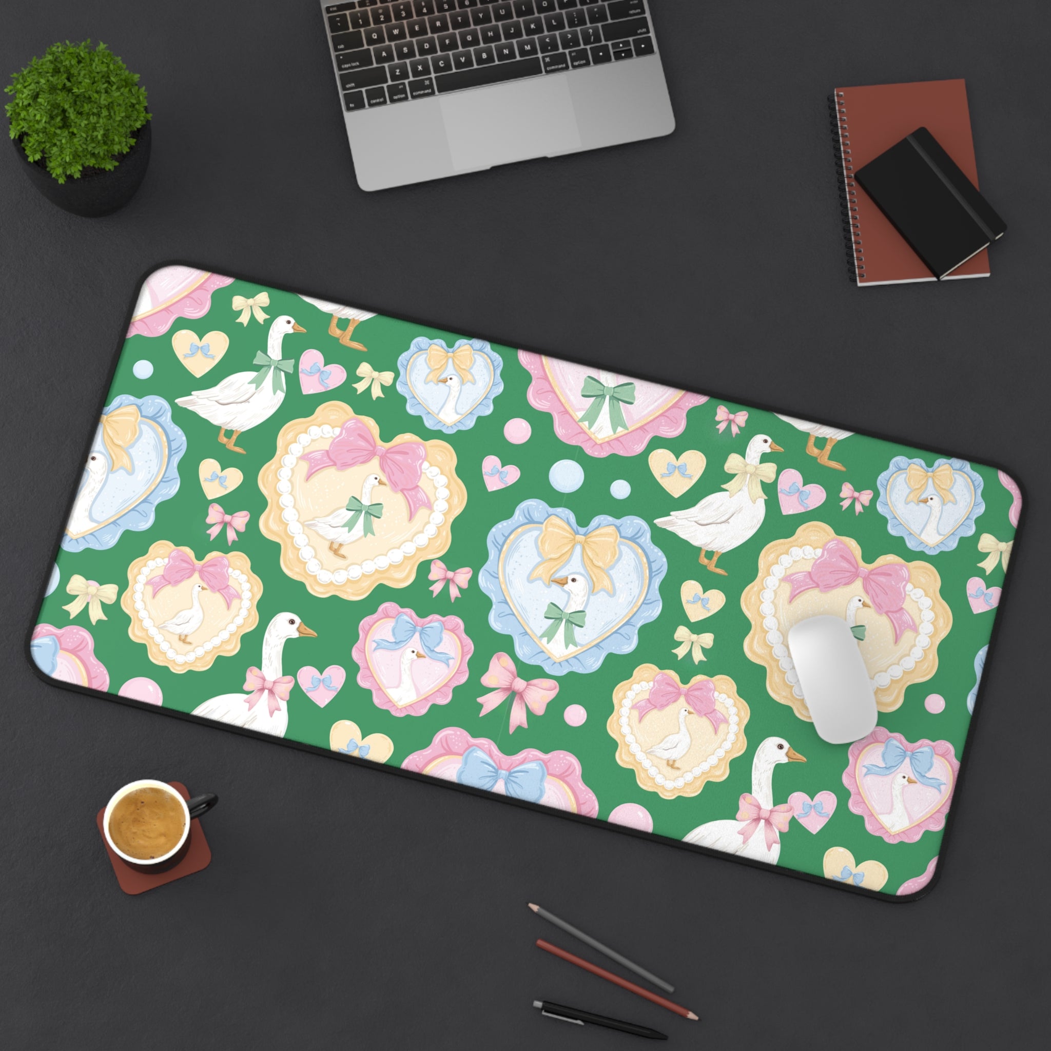 Silly Goose Green Desk Mat with Pastel Bows & Hearts Cozy & Stylish Desk Protector Desk Pad