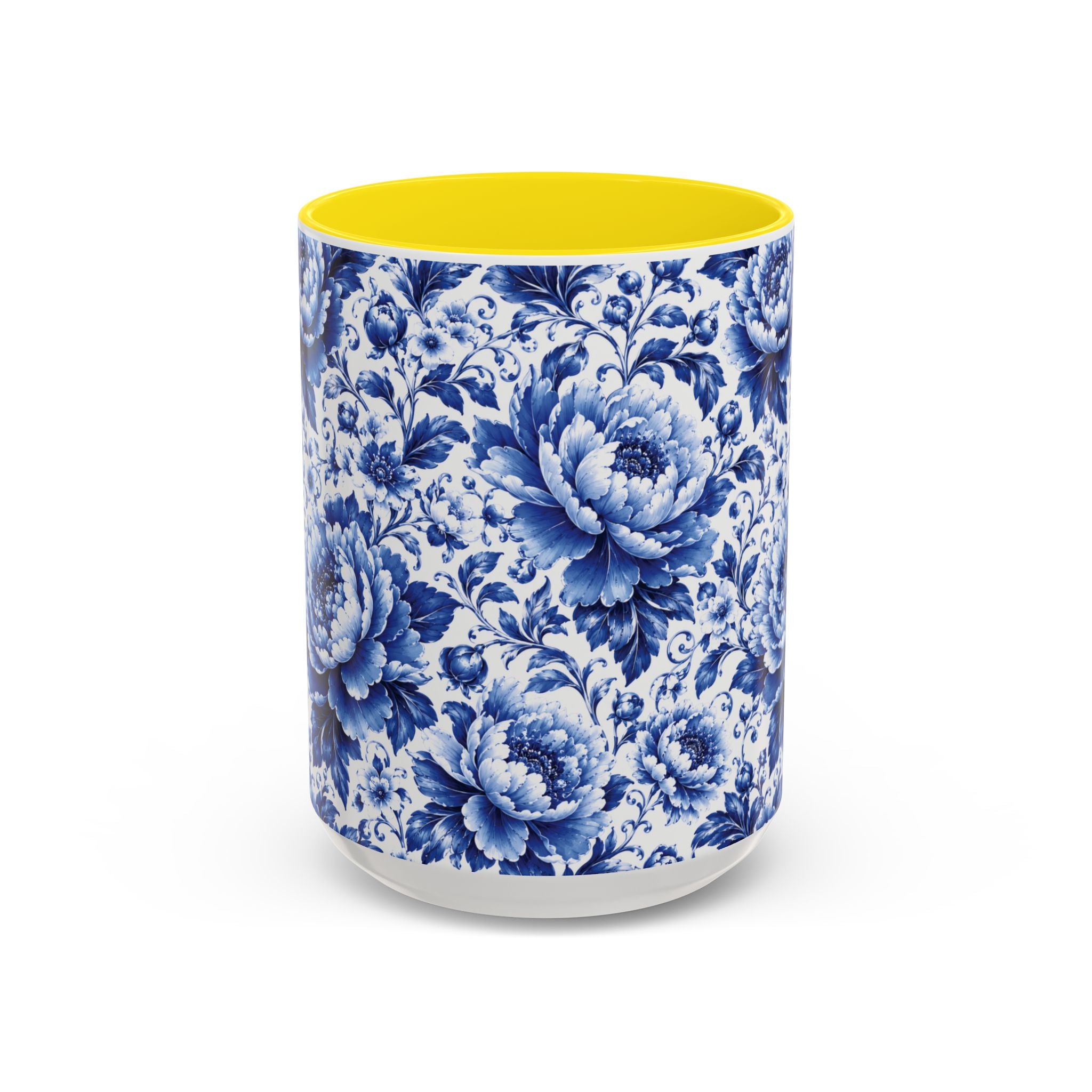 Blue Floral Ceramic Coffee Mug — Vintage Delft Peony Accent (11oz & 15oz) Blue & White Chinoiserie Tea Mug