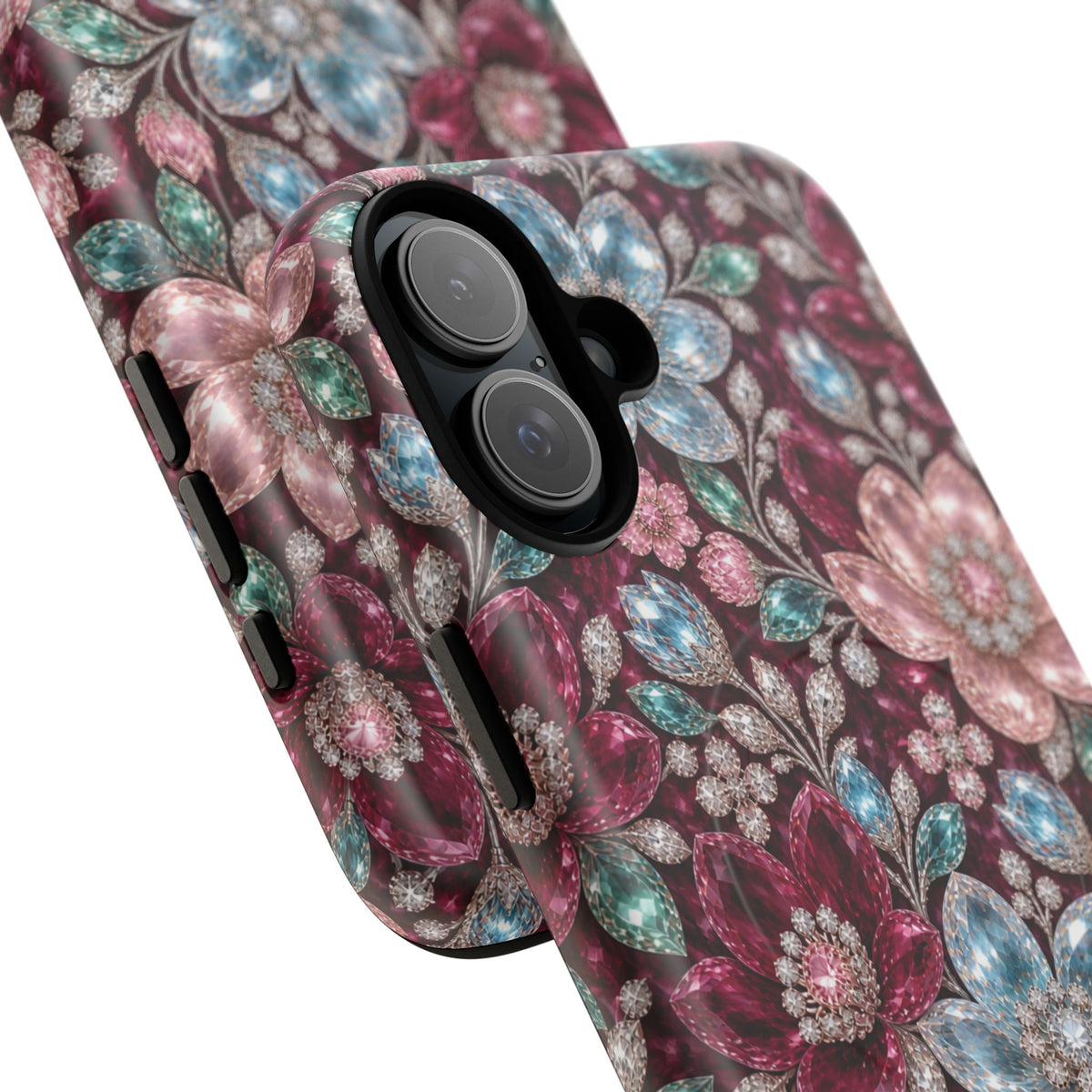 Floral faux Jewel Phone Case Sparkling Burgundy Flower Tough Magnetic Case 18 iPhone