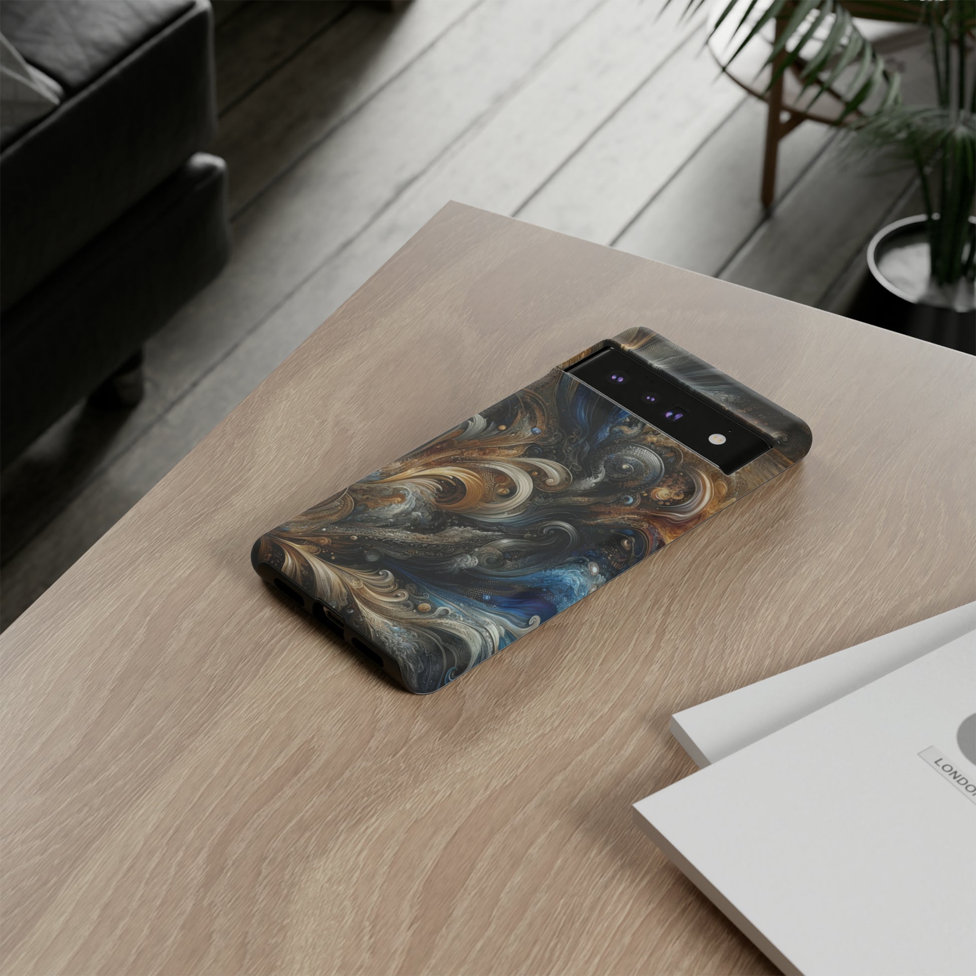 Gold and Navy Art Design Luxury Phone Tough Case Floral Elegant Durable Stylish for Modern Devices iPhone 15, Samsung iPhone Samsung Accessory Gift for Her.