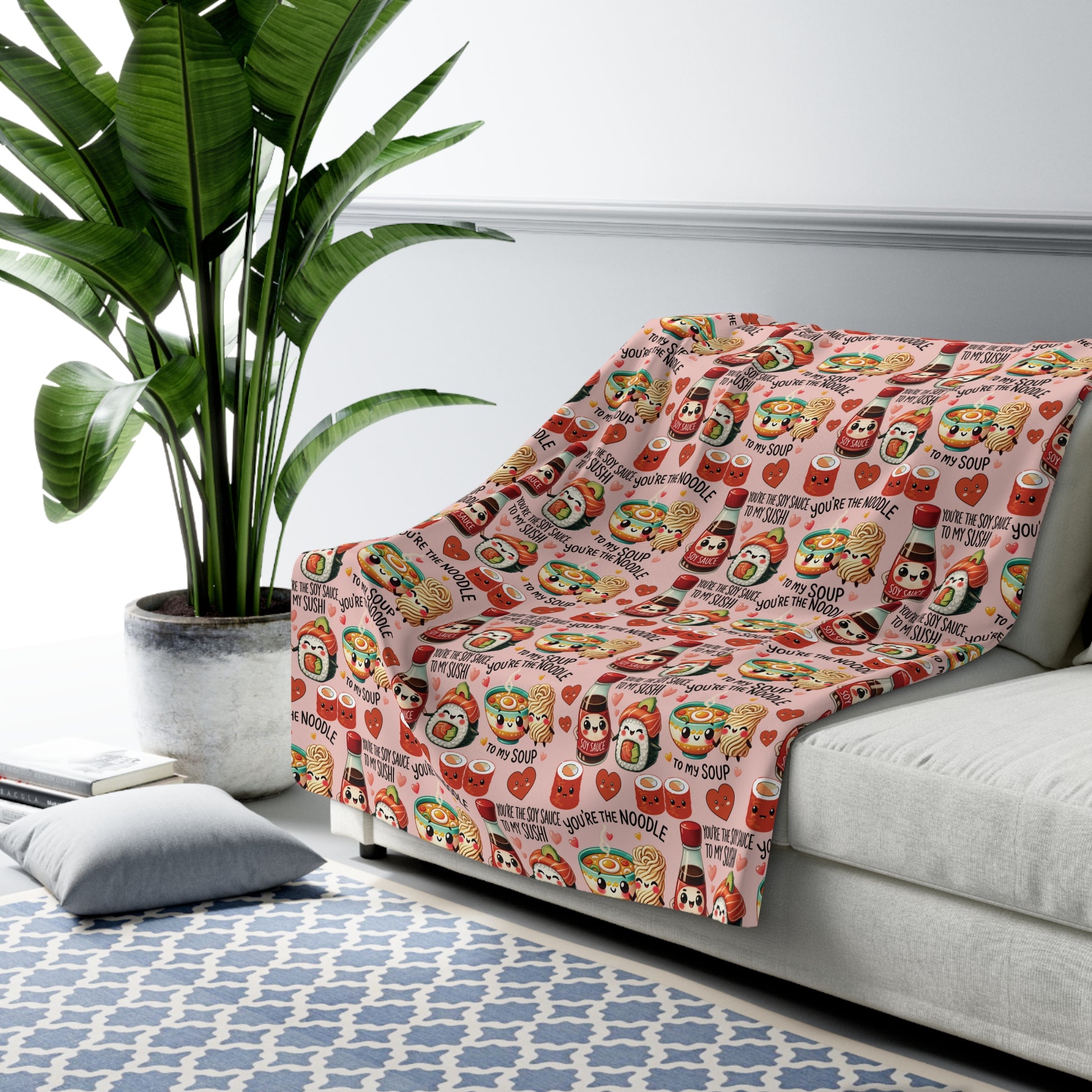 Sherpa Fleece Blanket Cozy Kawaii Sherpa Fleece Blanket Adorable Sushi & Noodle Charm Design, Perfect for Snuggling, Gifting, or Adding a Cute Touch to Your Home Déco