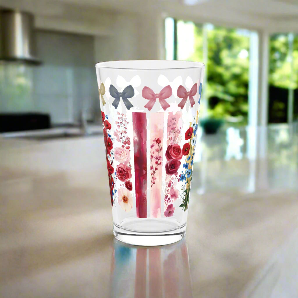Coquette 16oz Pint Glass Pink Blue Bows, Brushstroke Floral Illusion, Aesthetic Drinkware, Feminine Cottagecore Gift for Her Home Decor
