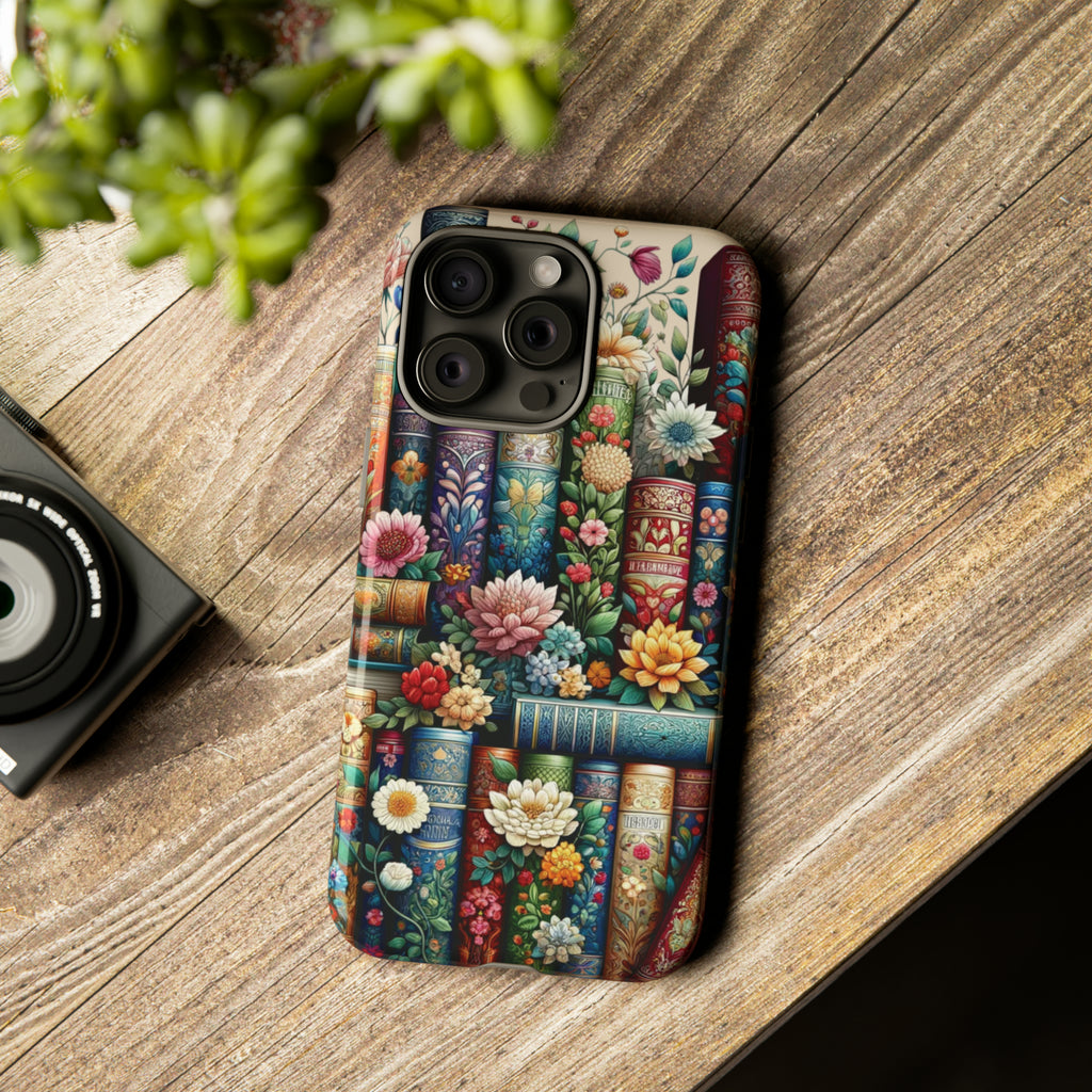 Books and Floral Boho Luxury Phone Tough Case Floral Elegant Durable Stylish for Modern Devices iPhone 15, Samsung iPhone Samsung Accessory Gift for Her.