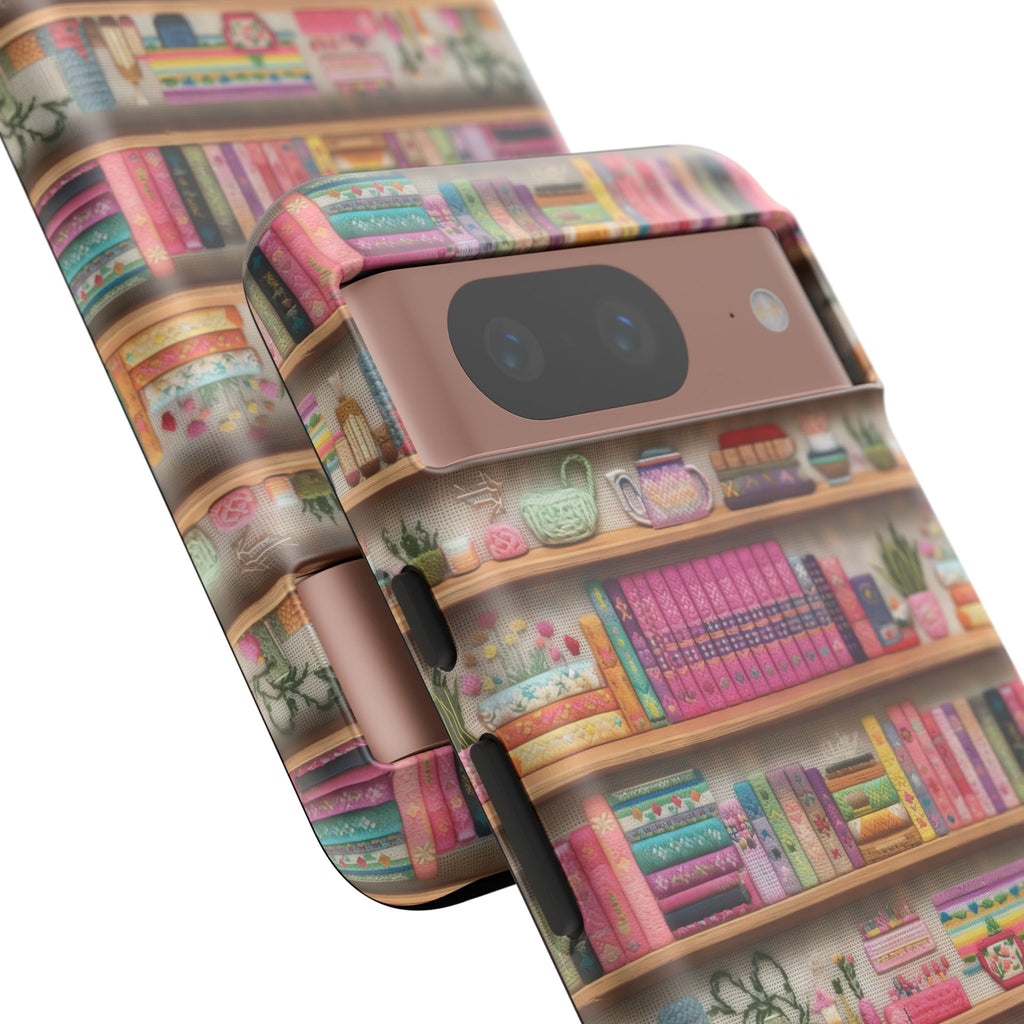 Whimsical 3D Embroidery Illusion Books on Pastel Shelves Phone Case for iPhone, Samsung & Pixel: Unique Accessory for Literary Enthusiasts Gift for Her Perfect for Floral Lover