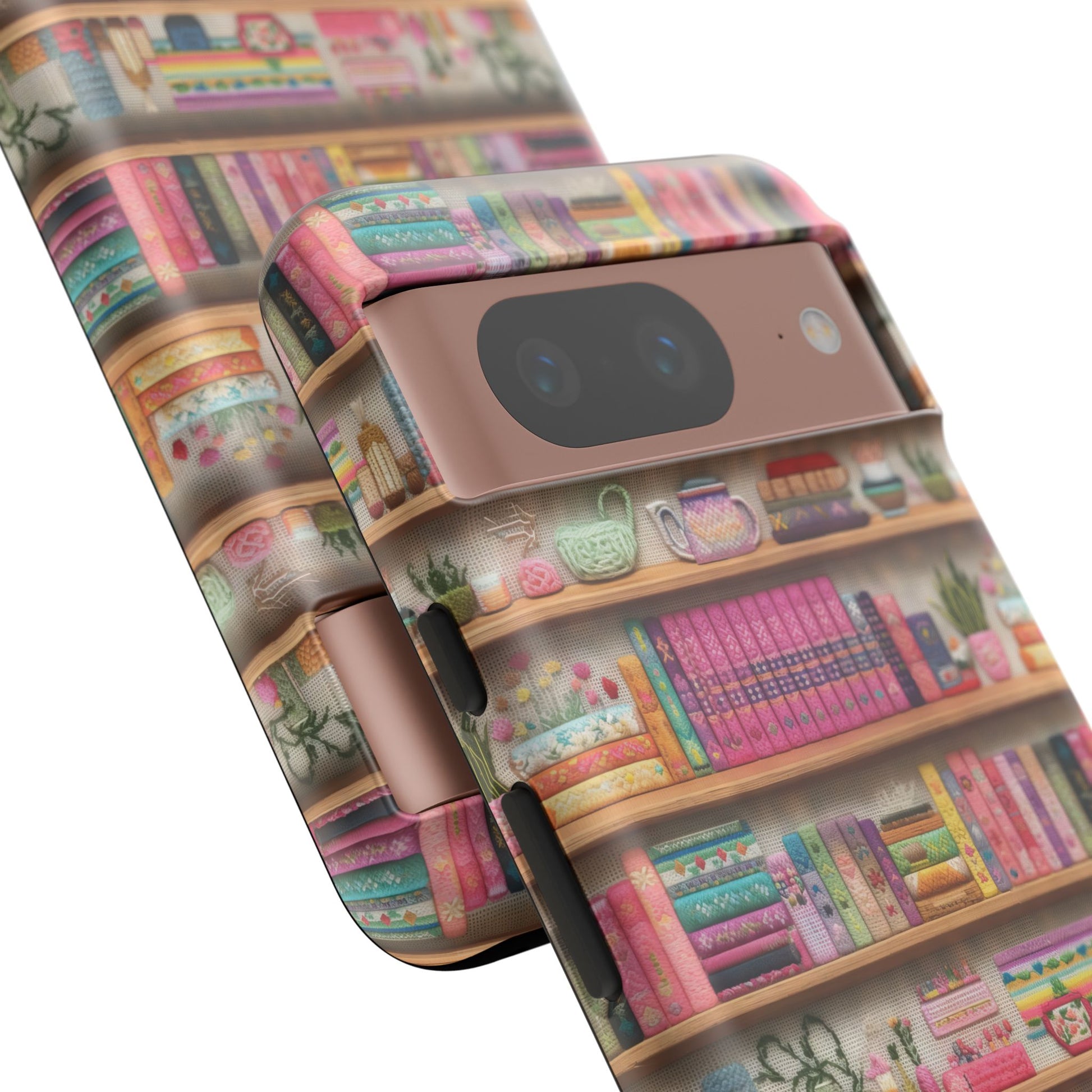 Whimsical 3D Embroidery Illusion Books on Pastel Shelves Phone Case for iPhone, Samsung & Pixel: Unique Accessory for Literary Enthusiasts Gift for Her Perfect for Floral Lover