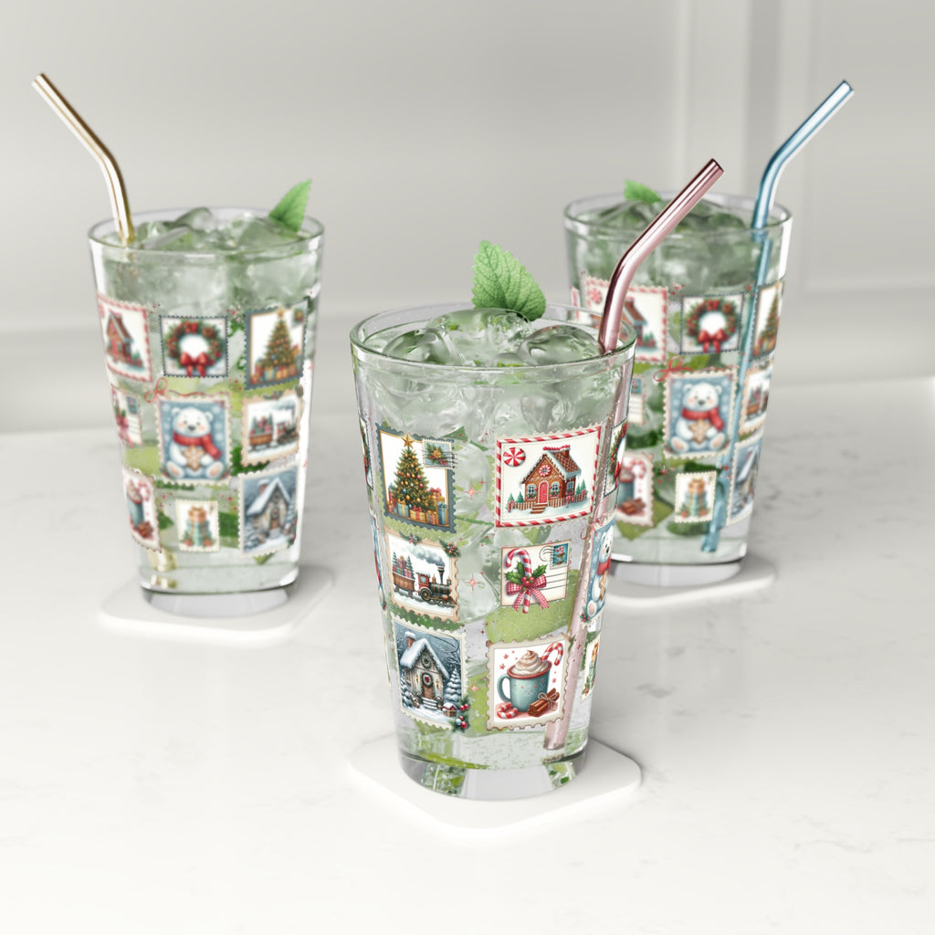 Christmas Postal Stamp Pint Glass Holiday Party 16oz
