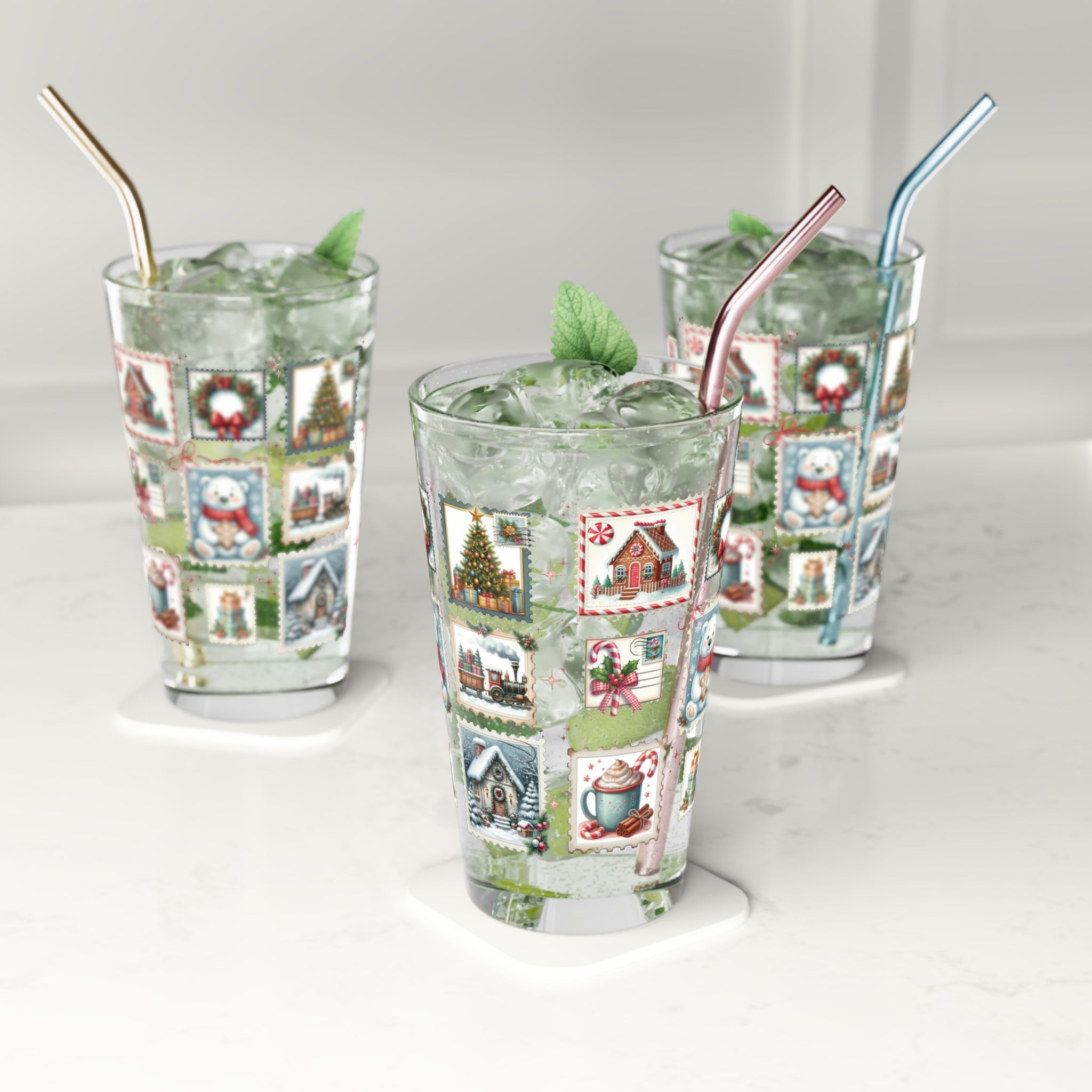 Christmas Postal Stamp Pint Glass Holiday Party 16oz