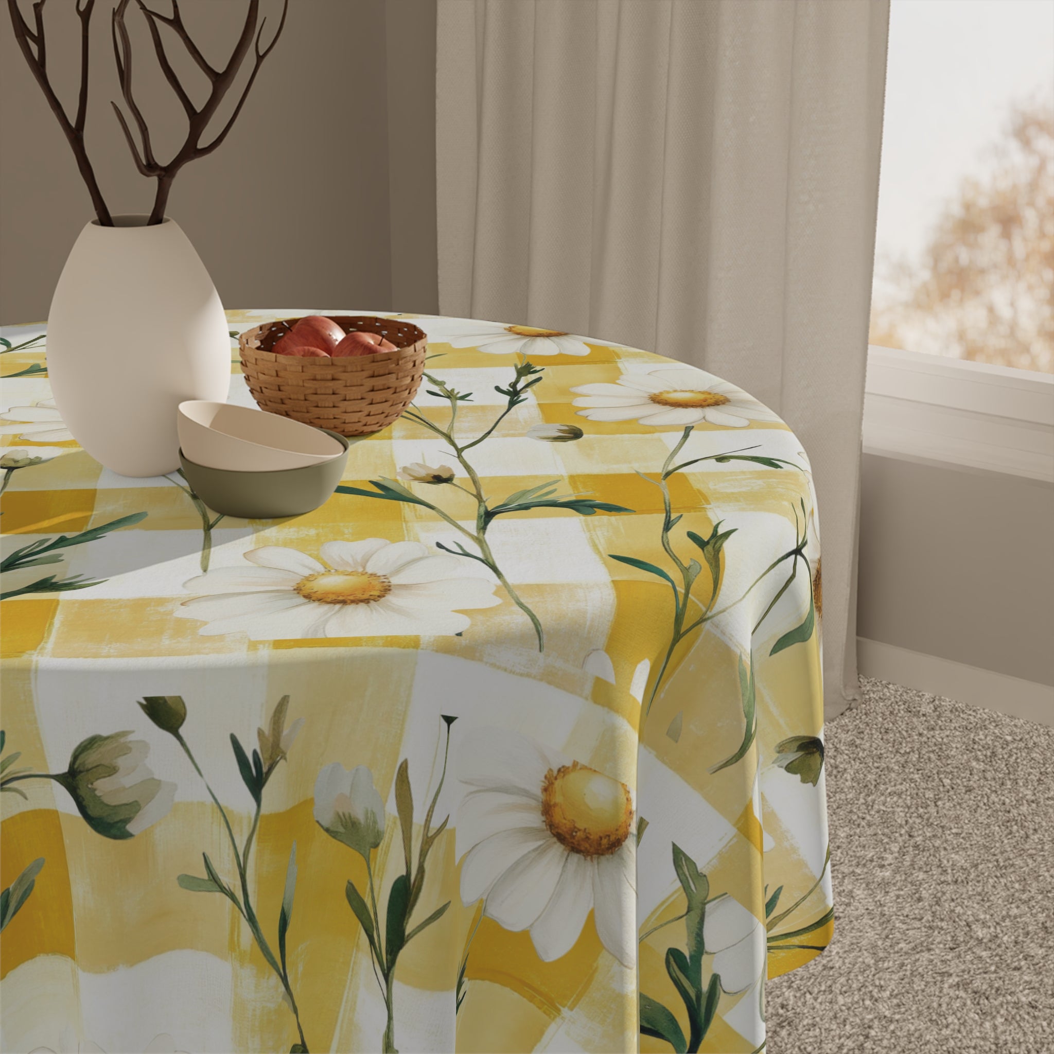 Pastel Yellow Daisy Checker Tablecloth — Spring Party Decor