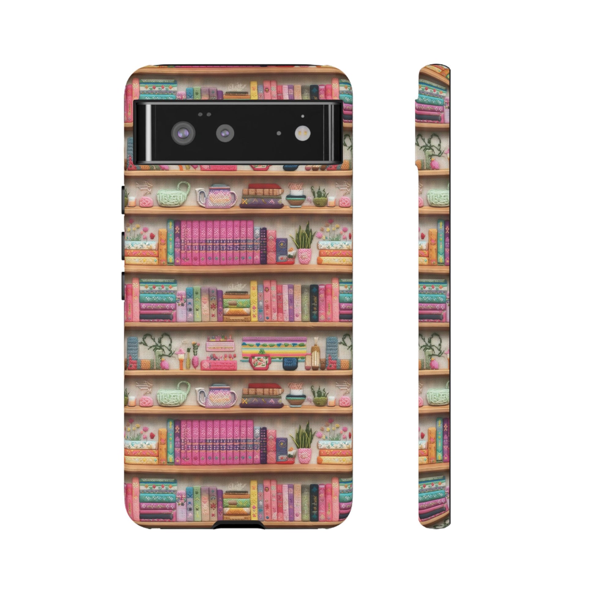 Whimsical 3D Embroidery Illusion Books on Pastel Shelves Phone Case for iPhone, Samsung & Pixel: Unique Accessory for Literary Enthusiasts Gift for Her Perfect for Floral Lover