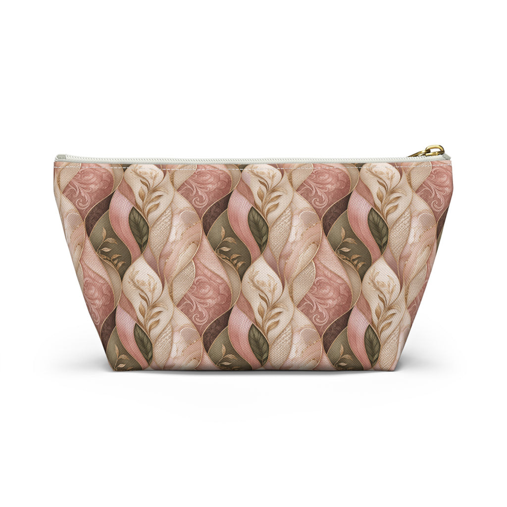 Braided Floral Accessory Pouch — Pink & Olive T‑Bottom Cosmetic Bag