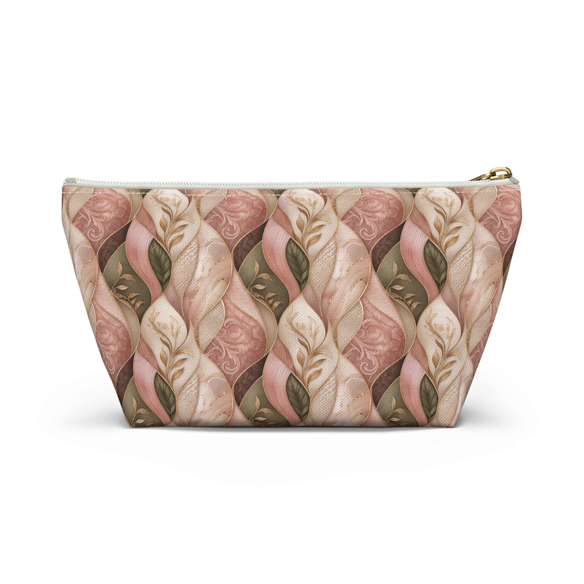 Braided Floral Accessory Pouch — Pink & Olive T‑Bottom Cosmetic Bag