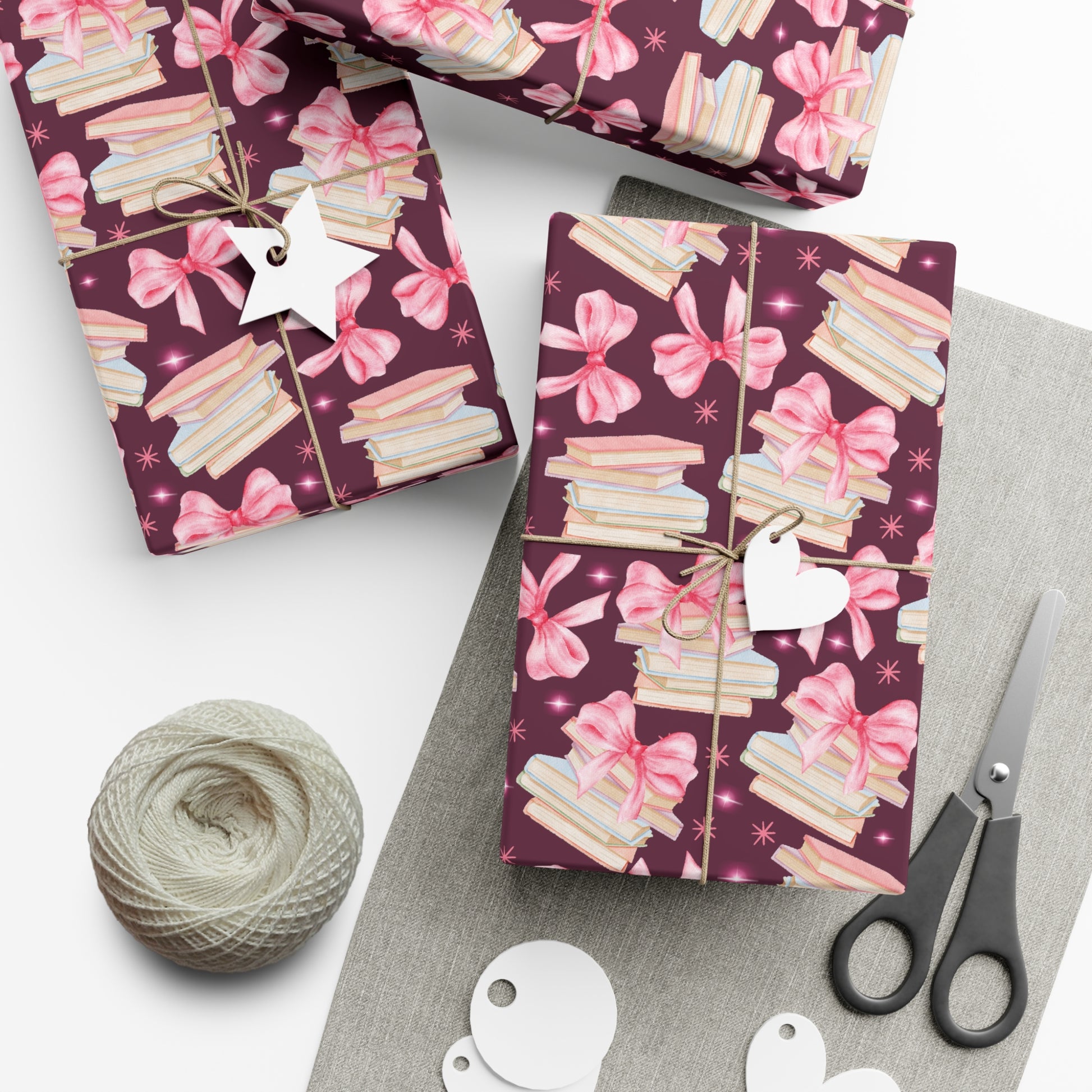 Coquette Pink Bows Books Plum Wrapping Paper Festive Holiday Gift Wrap with Perfect for Christmas Presents, Crafting, & Holiday Decor – Premium Quality - MRSBYVALLE