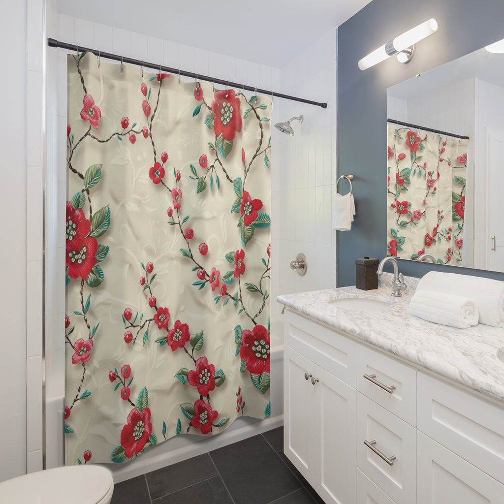 New House 3D Embroidery Illusion Red Flowers Shower Curtain Vibrant for Bathroom Makeover Wedding Gift for Mom Bridal Shower Gift Newlywed - MRSBYVALLE