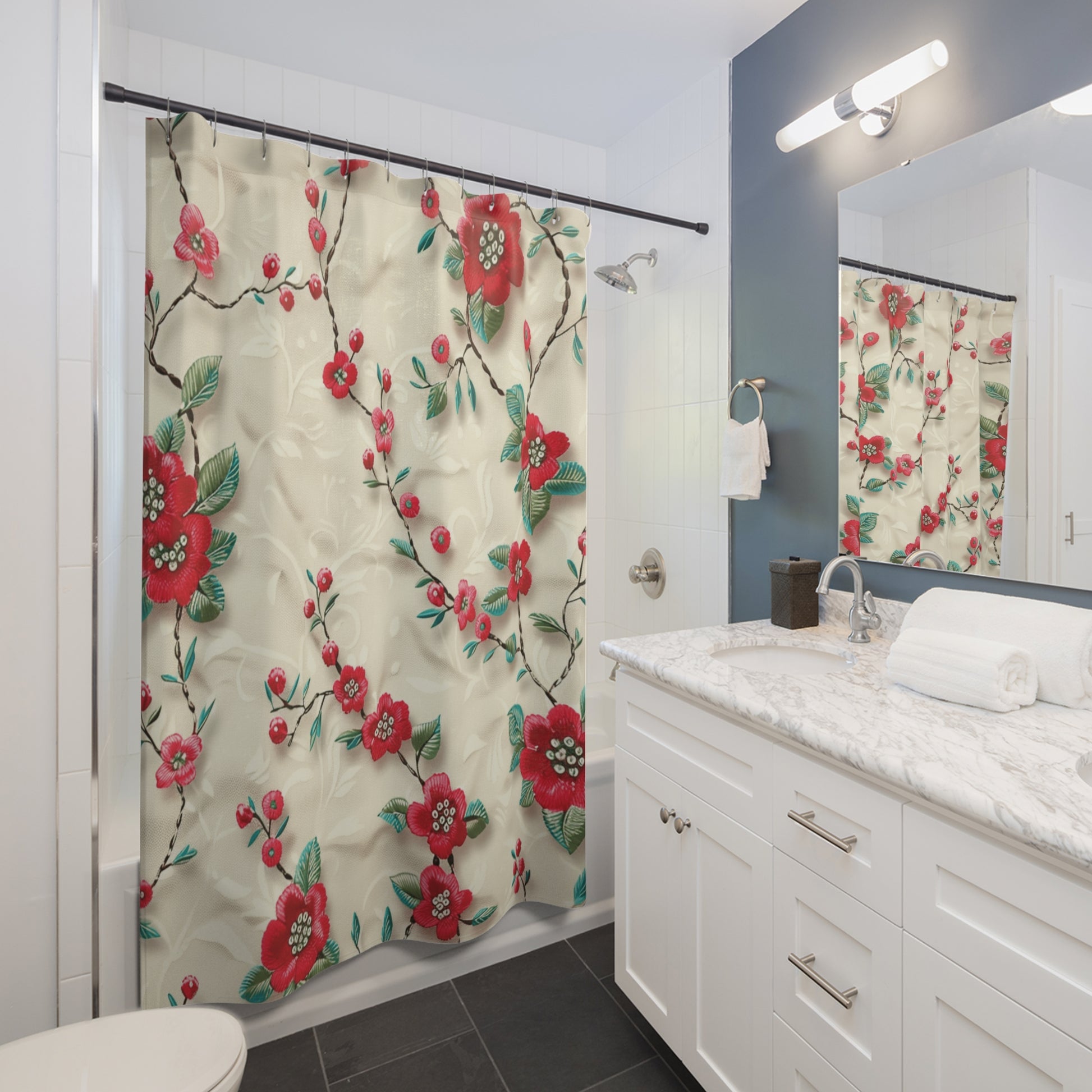 New House 3D Embroidery Illusion Red Flowers Shower Curtain Vibrant for Bathroom Makeover Wedding Gift for Mom Bridal Shower Gift Newlywed - MRSBYVALLE