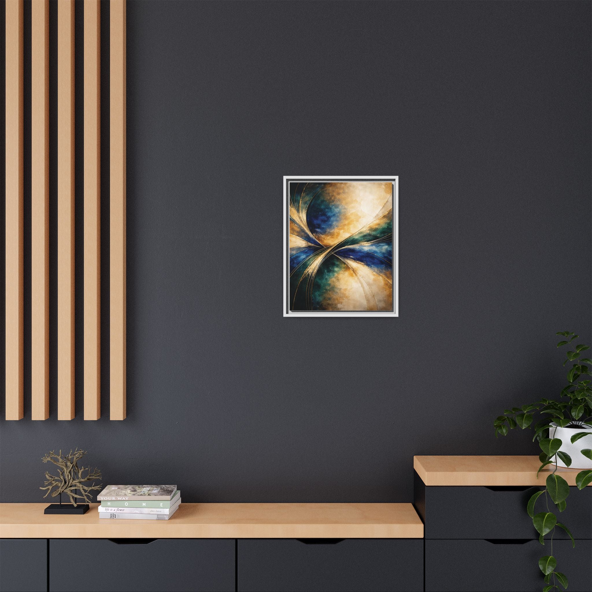 Gilded Convergence  Luxe NeoDeco Blue & Gold Abstract Wall Art Framed