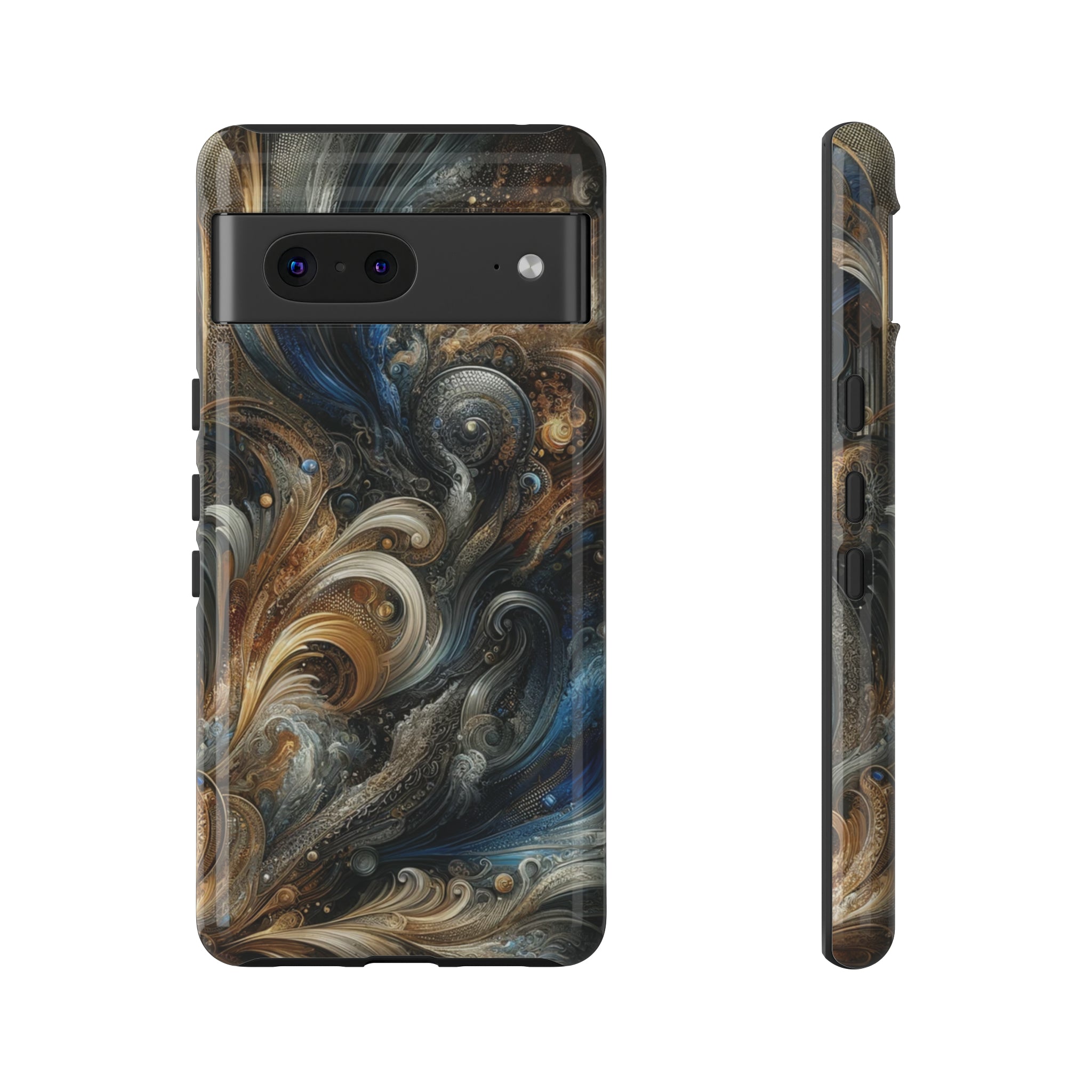 Gold and Navy Art Design Luxury Phone Tough Case Floral Elegant Durable Stylish for Modern Devices iPhone 15, Samsung iPhone Samsung Accessory Gift for Her.