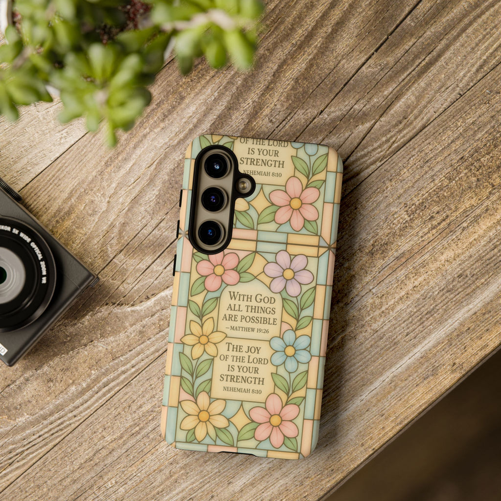 Pastel Stained Glass Bible Verse Phone Case Christian Affirmation Cover, Soft Geometric Design, iPhone Samsung Google, Faith Gift for Her Bible Verse or Affirmation | Protective, Inspirational Gift for Christians