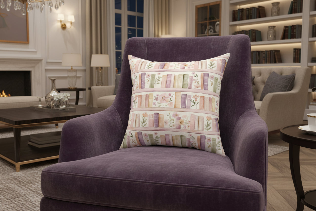 Lavender Romantic Books & Floral Square Pillow — Bedroom Decorative Throw Pillow