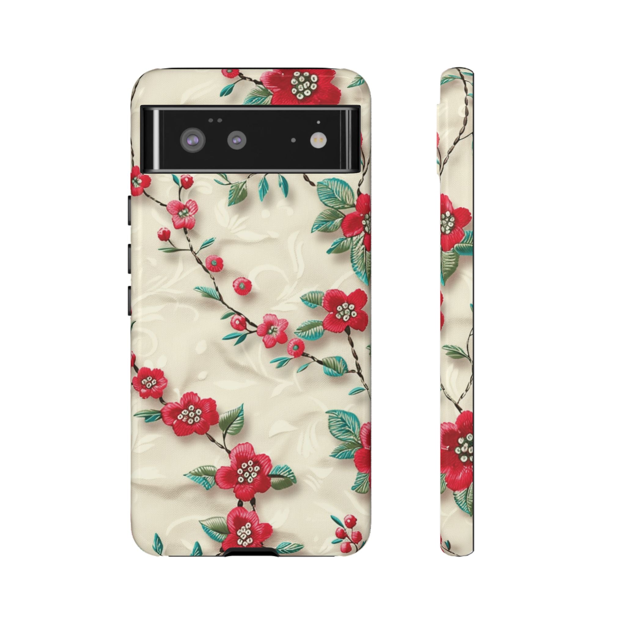 3D Embroidery Illusion Red Flowers Phone Case for iPhone, Samsung Pixel Artistic Floral Protection 15 14 13 12, 21 23 Gift for Her Perfect for Floral Lover
