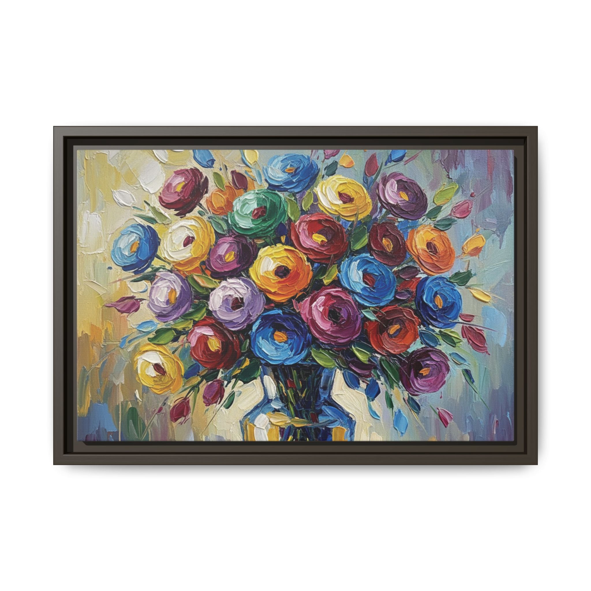Impression sur toile bouquet floral aquarelle - Tableau mural encadré mat - Illusion de peinture à l'huile vibrante