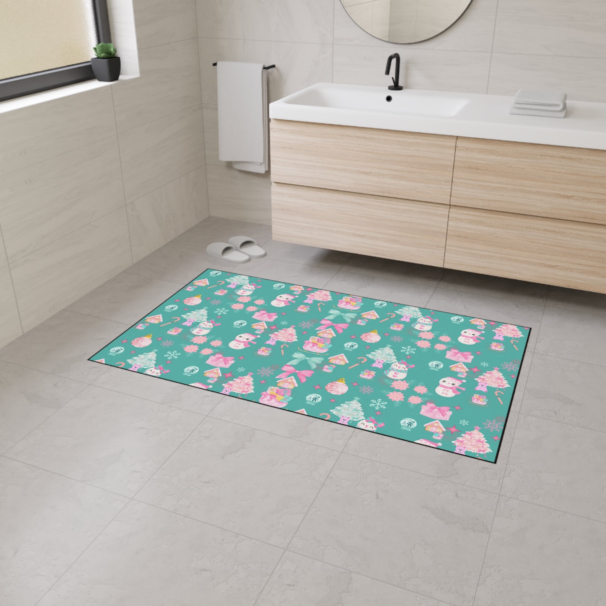 Merry and  Bright Rug Pink  Turquoise Christmas Magic for Your Floor! Fun Festive Non-Slip Holiday Mat in 4 Sizes, Cozy Colorful Decor Office