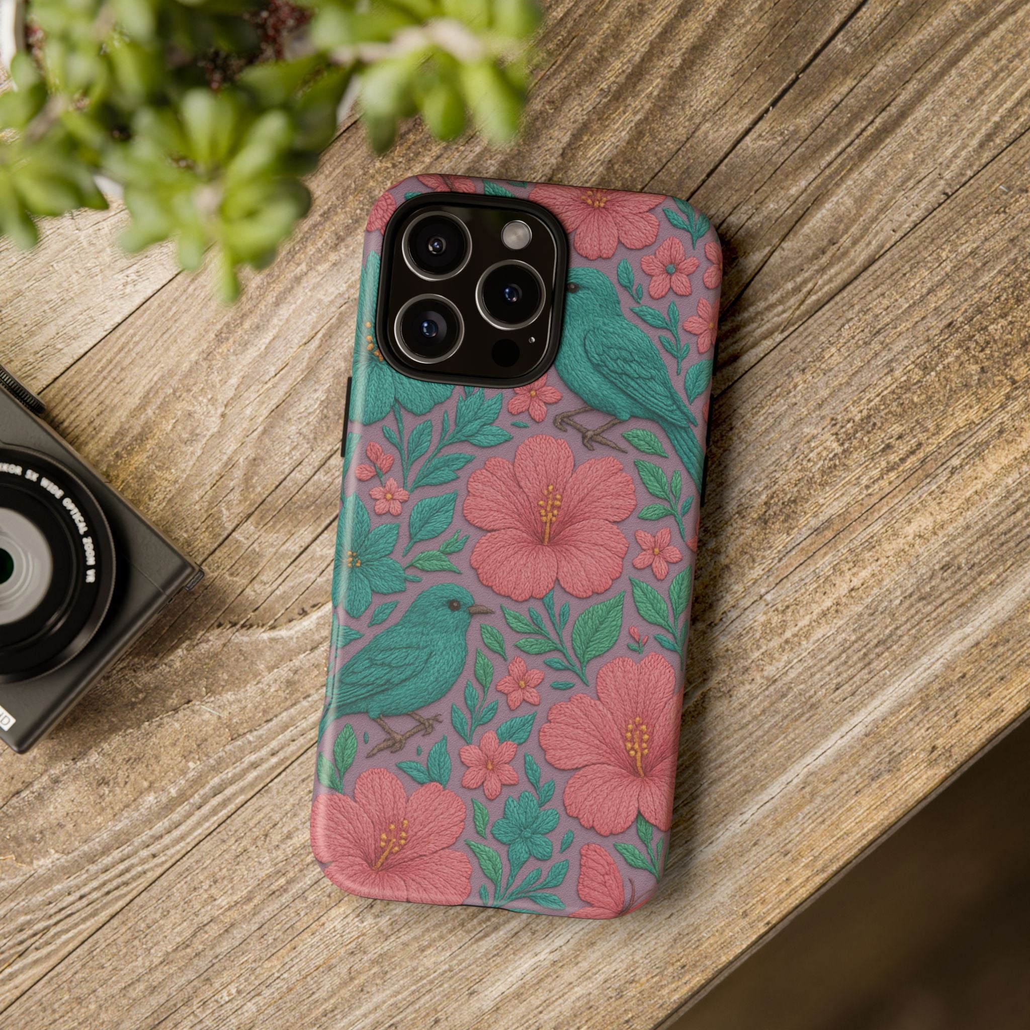 Turquoise, Pink and Lavender 3D Embroidery Illusion Phone Case Tropical Flowers, Birds & Butterflies Cover with Bold, Realistic Floral Texture iPhone, Samsung