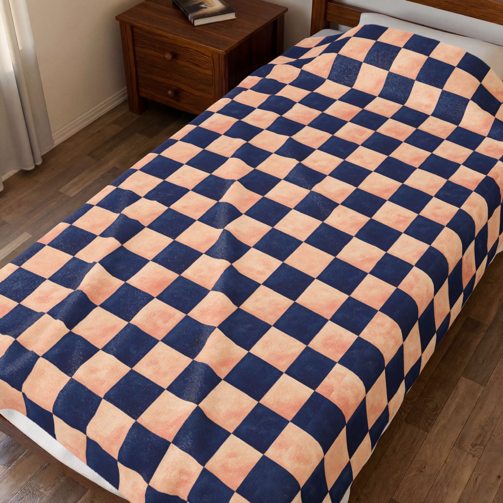 Couverture en peluche veloutée – Plaid confortable à carreaux bleu marine et pêche